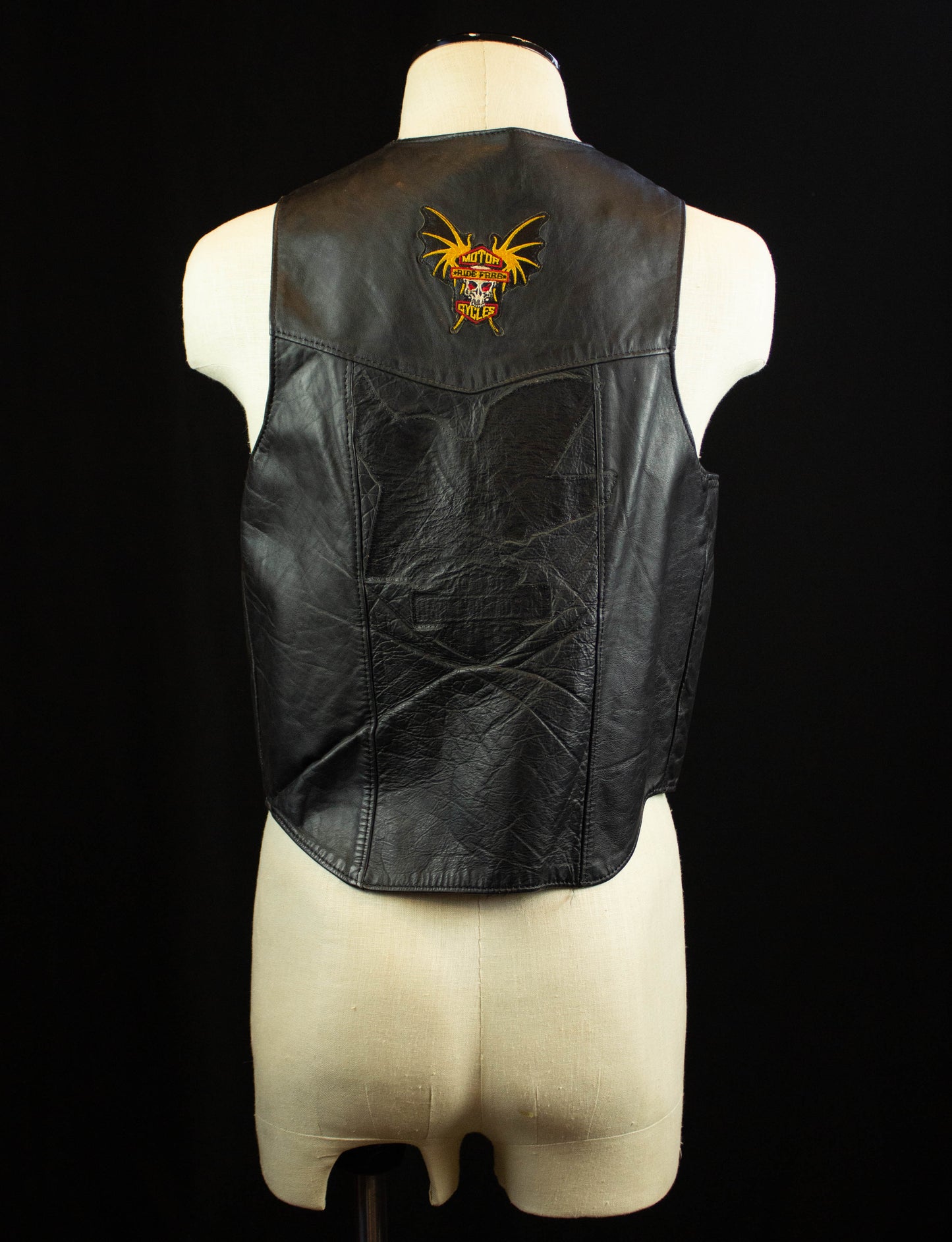 Vintage Steer Brand Harley Davidson Patched Leather Vest 80s Black Biker Medium