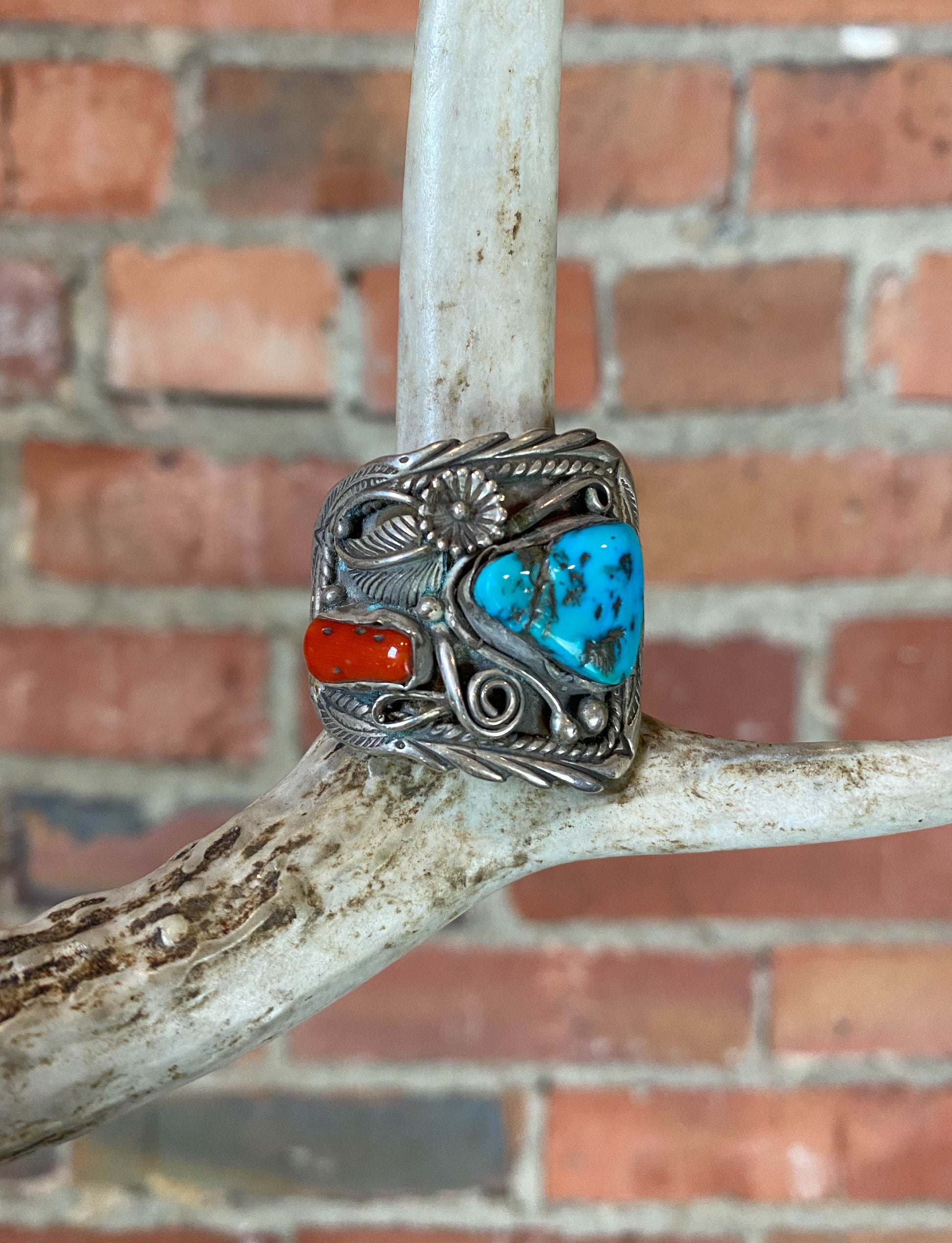 Vintage Sterling Silver Turquoise Coral Large Ring - 10 3/4