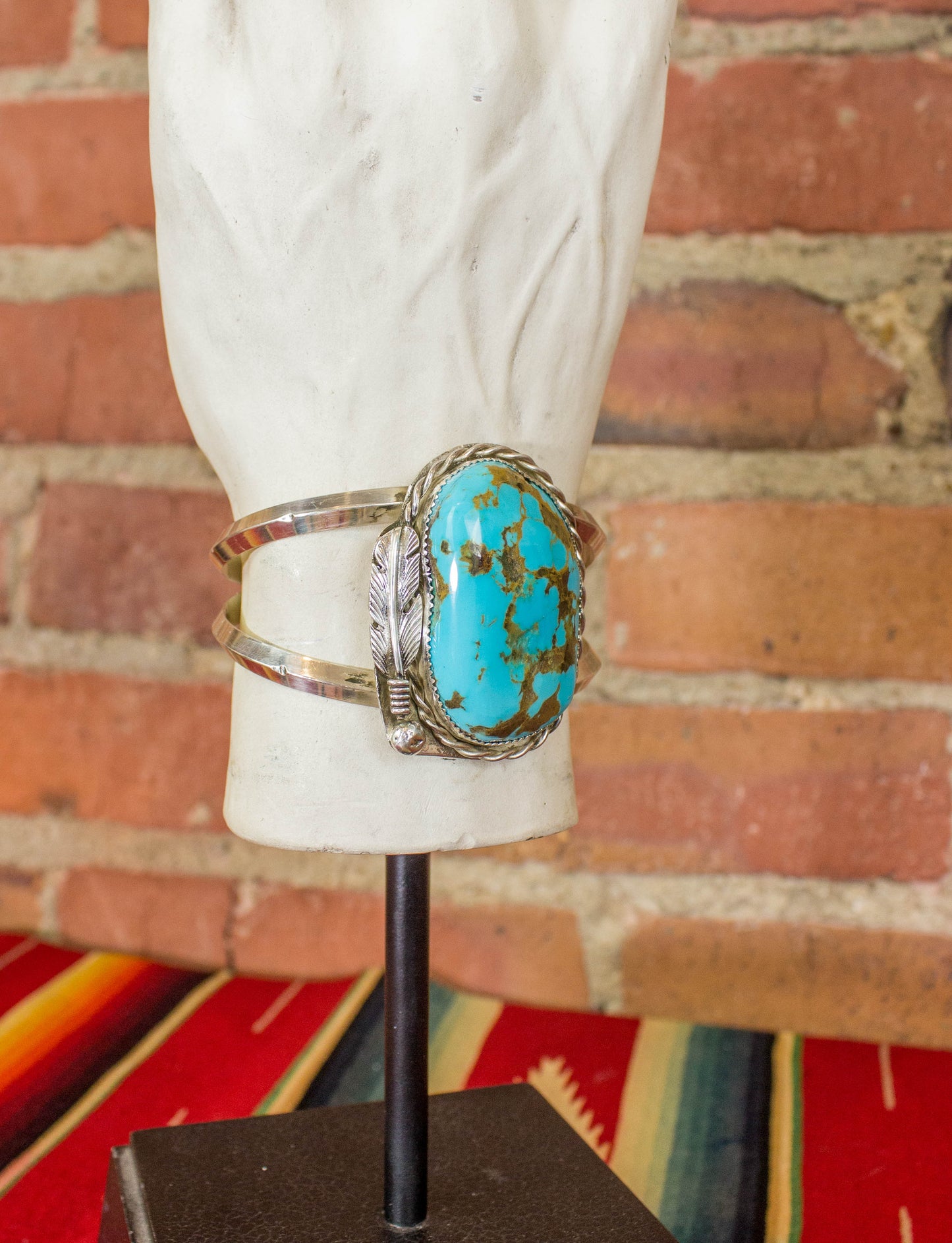 Vintage Sterling Silver and Royston Turquoise Cuff with Feather Detail