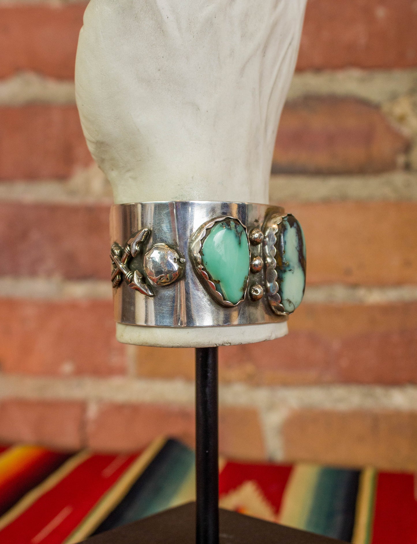Vintage Sterling Silver and White River Turquoise Cuff With Crossed Arrows