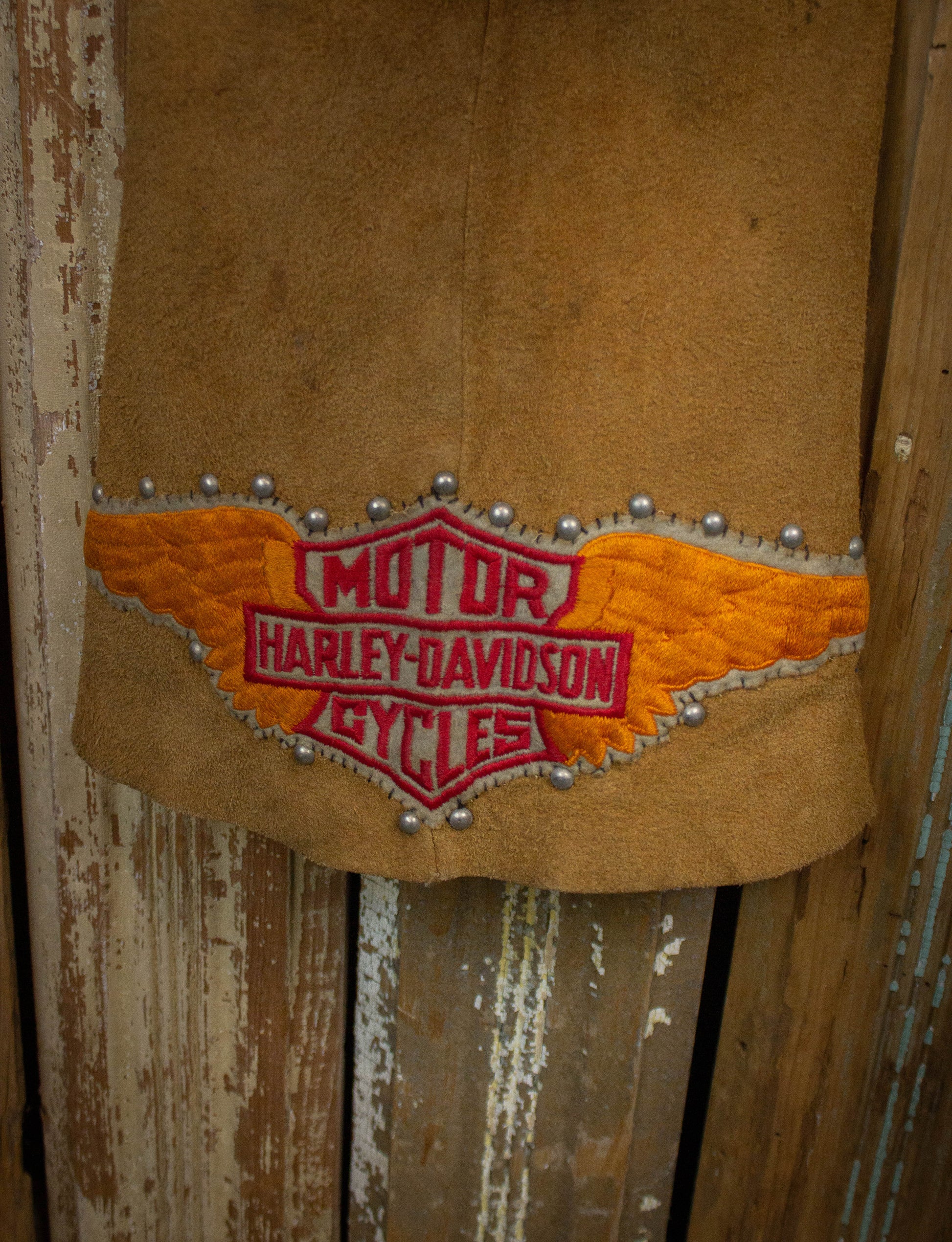 Vintage Suede Bell Bottom Pants with Harley Davidson Patch 70s Light Brown 30x31