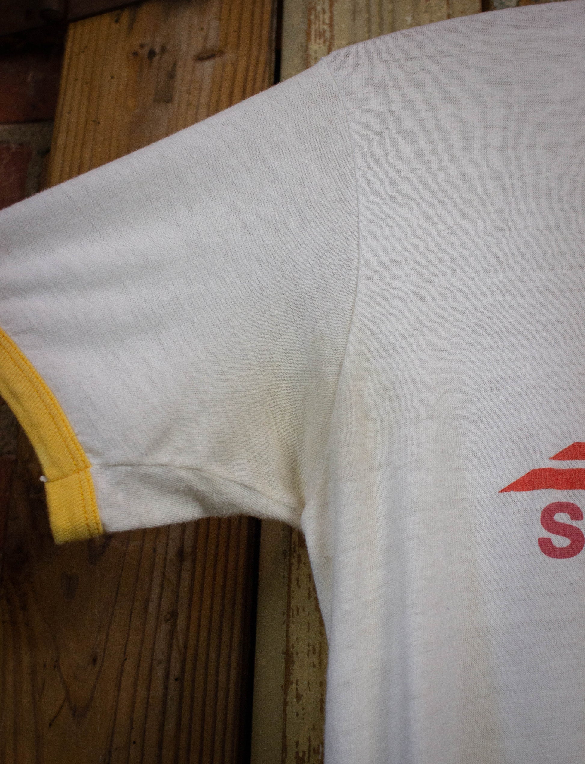 Vintage Sunset Sound Studios Graphic Ringer T Shirt 70s White and Yellow Medium