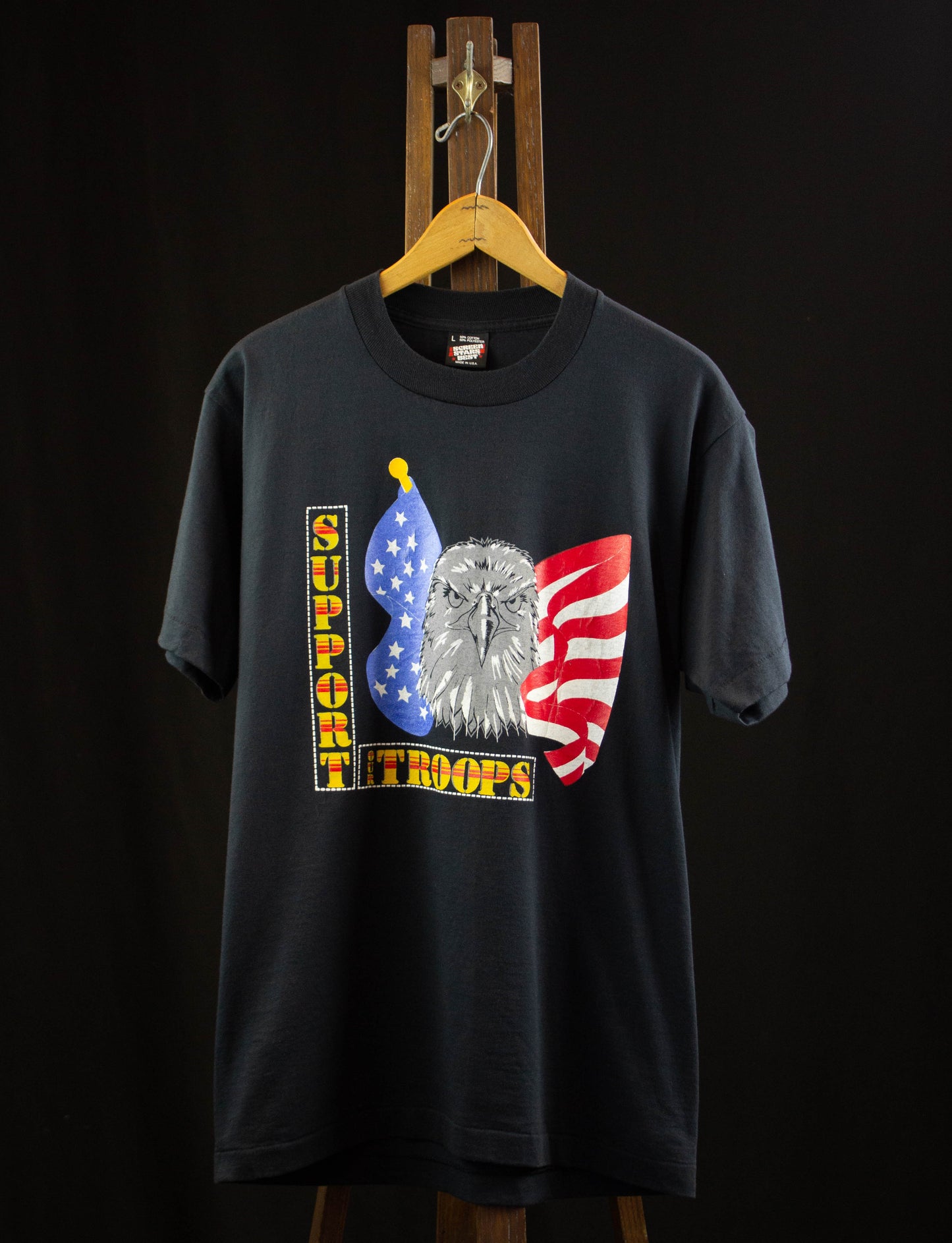 Vintage Support Our Troops Graphic T Shirt 90s American Flag and Eagle Black Medium-Large