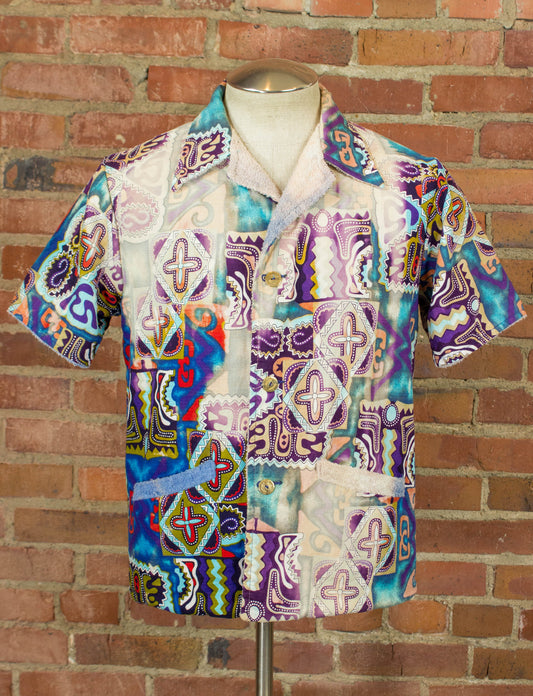 Vintage Surf King Hawaiian Print Terry Cloth Beach Shirt 60s Bleached by Dead End Career Club Small-Medium