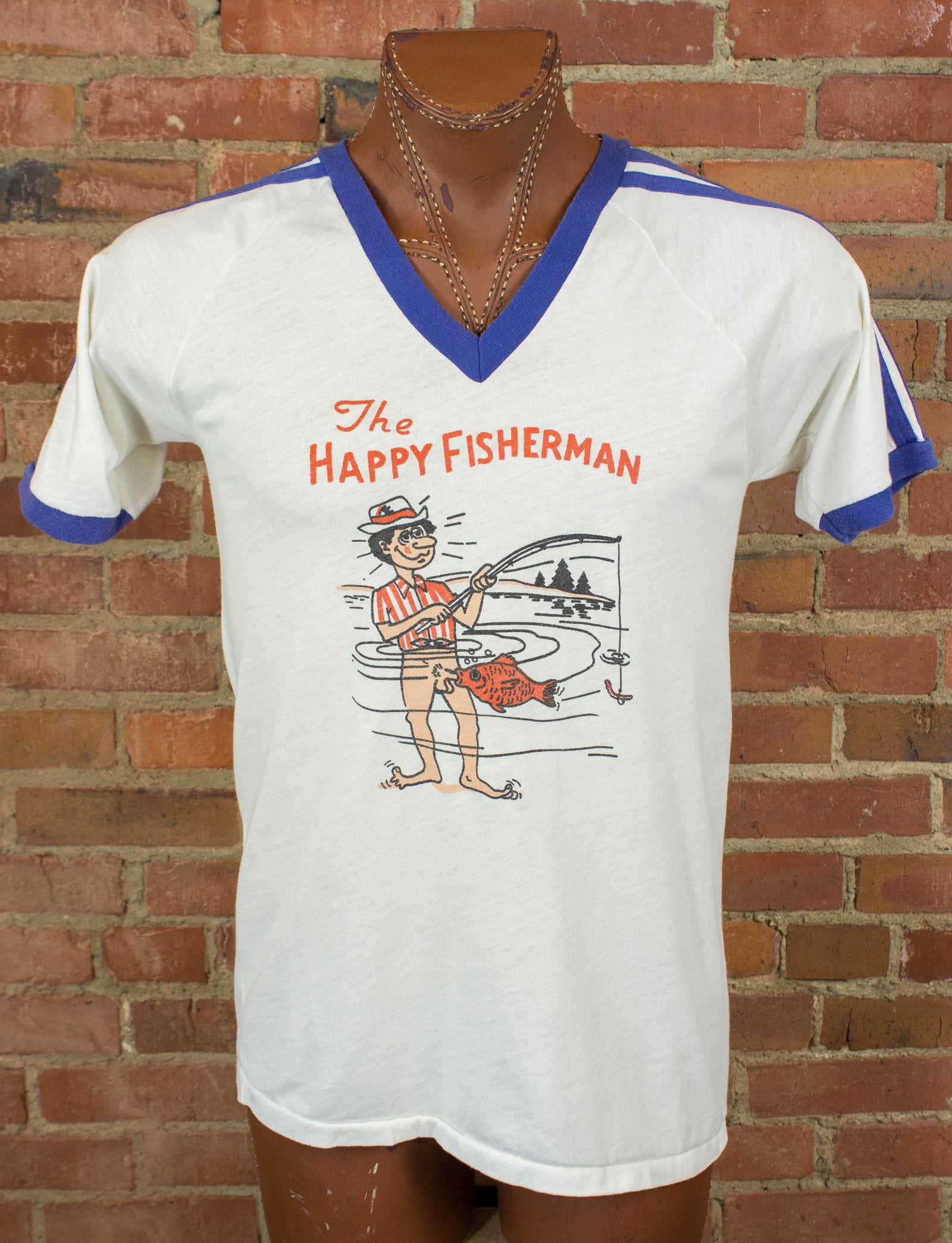 Vintage The Happy Fisherman Graphic T Shirt 70s Blue and White V-Neck Ringer Tee Medium-Large