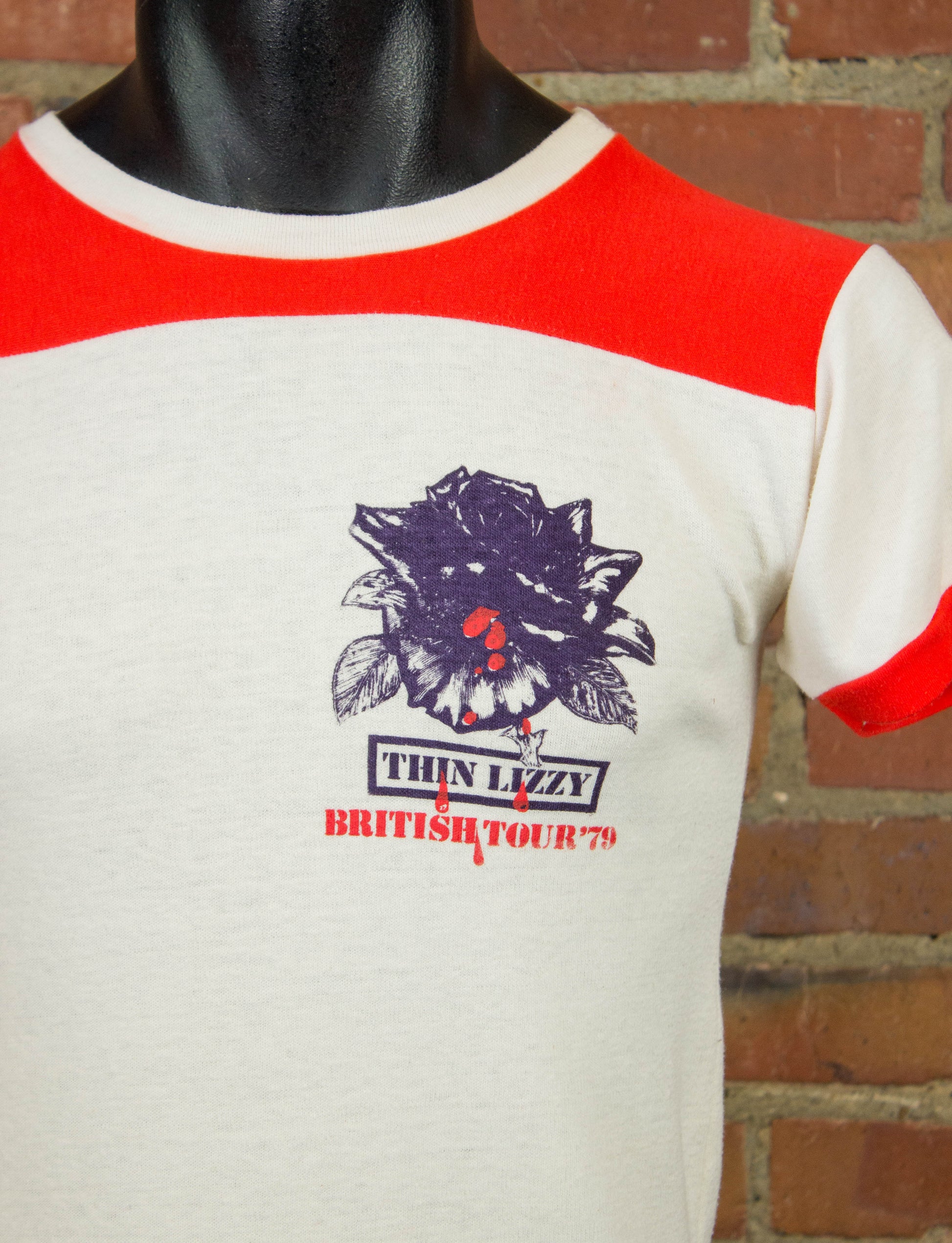 Vintage Thin Lizzy Concert T Shirt 1979 Black Rose British Tour White and Red Ringer Small