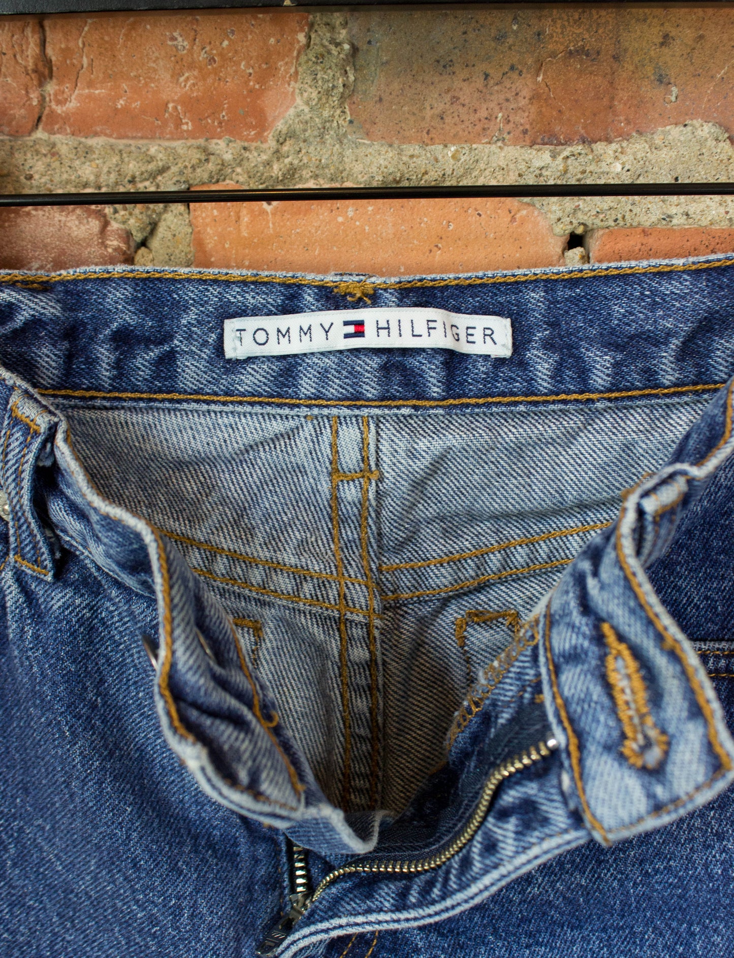Vintage Tommy Hilfiger Cut Off Denim Shorts 90s Leather Flag Patch 26 Waist