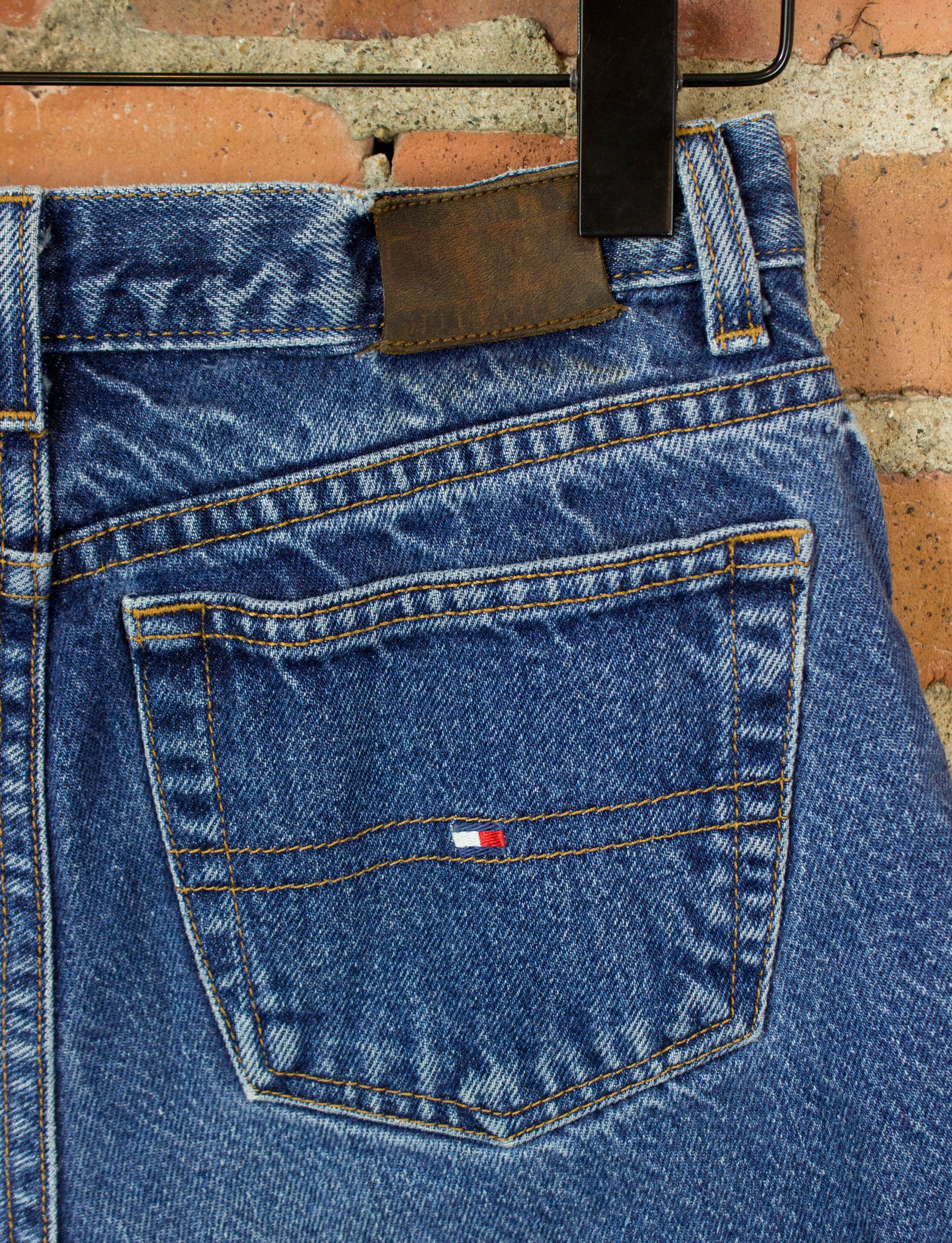 Vintage Tommy Hilfiger Cut Off Denim Shorts 90s Leather Flag Patch 26 Waist