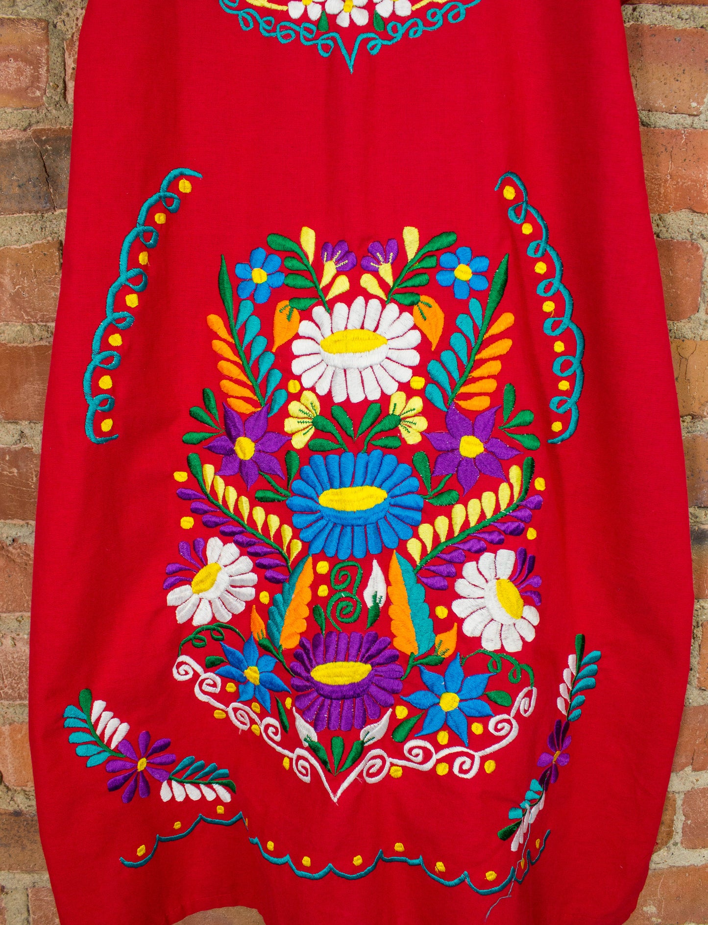 Vintage Traditional Mexican Pueblo Dress Red Embroidered Medium-Large