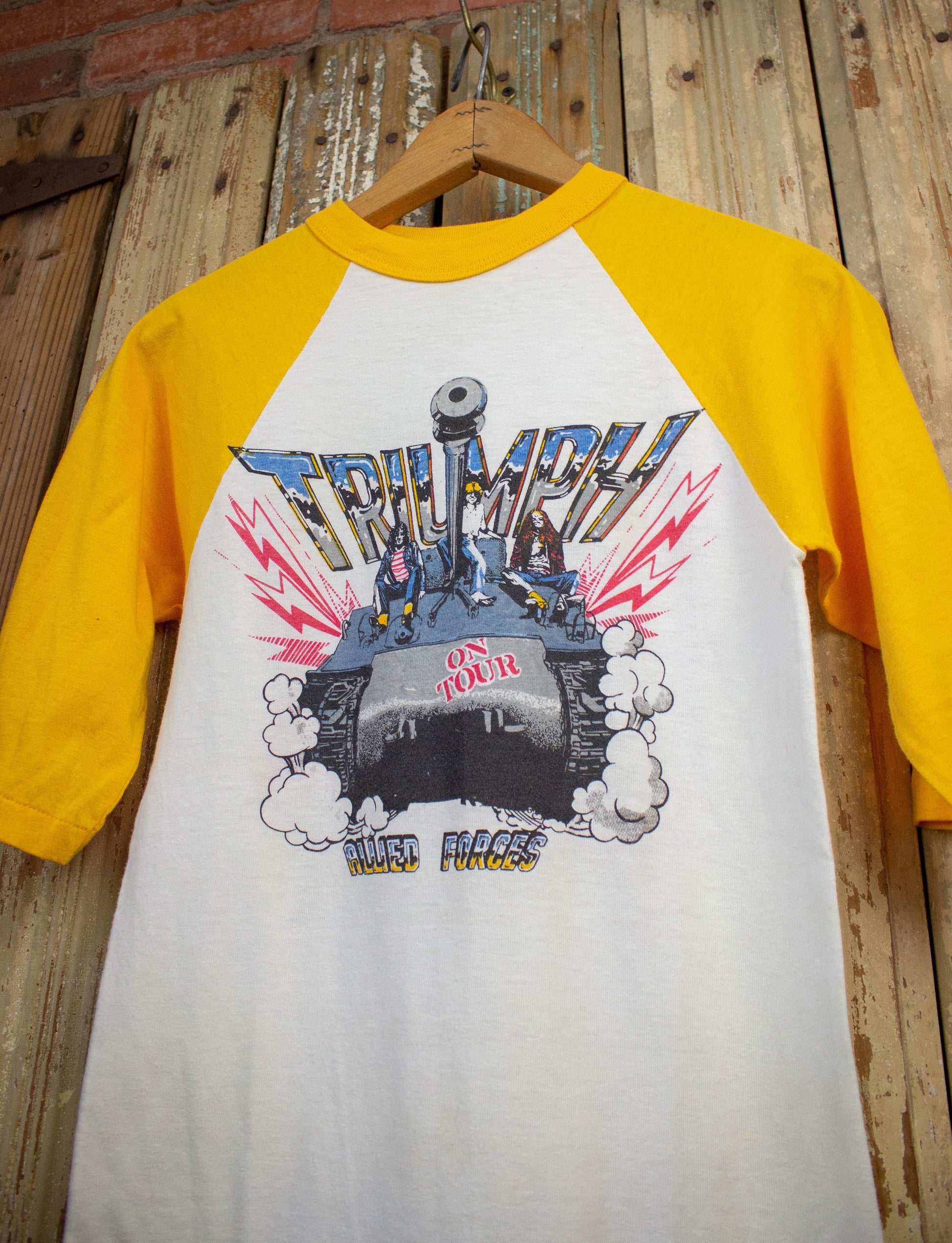 Vintage Triumph Allied Forces Raglan Concert T Shirt 1981 White and Yellow XS