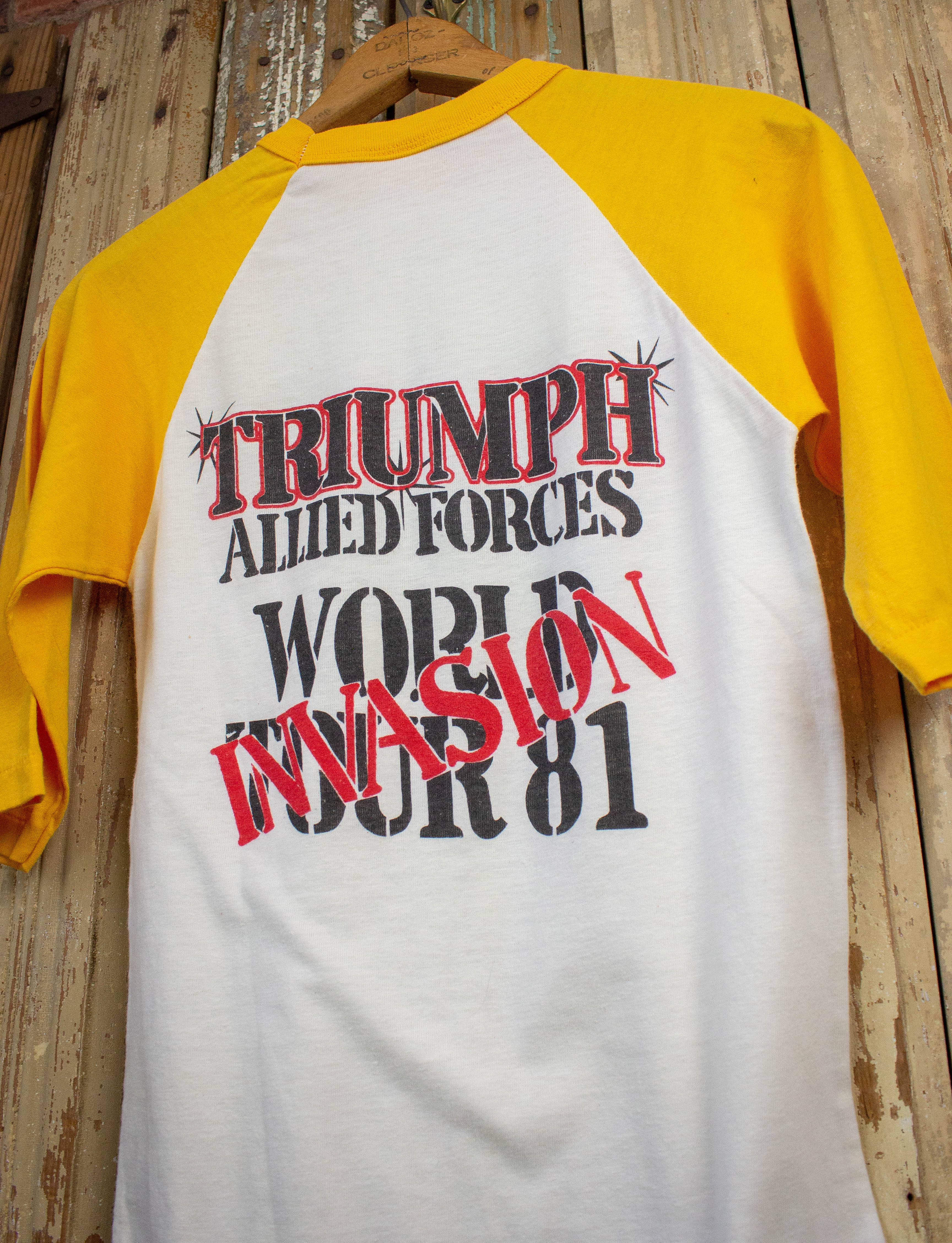 Vintage Triumph Allied Forces Raglan Concert T Shirt 1981 White and Yellow  XS