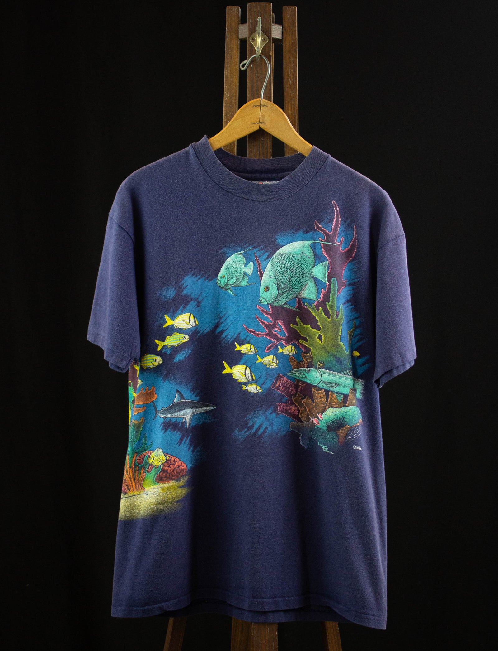 Vintage Under The Sea Coral Reef All Over Print Graphic T Shirt 1990 Faded Navy Blue Large
