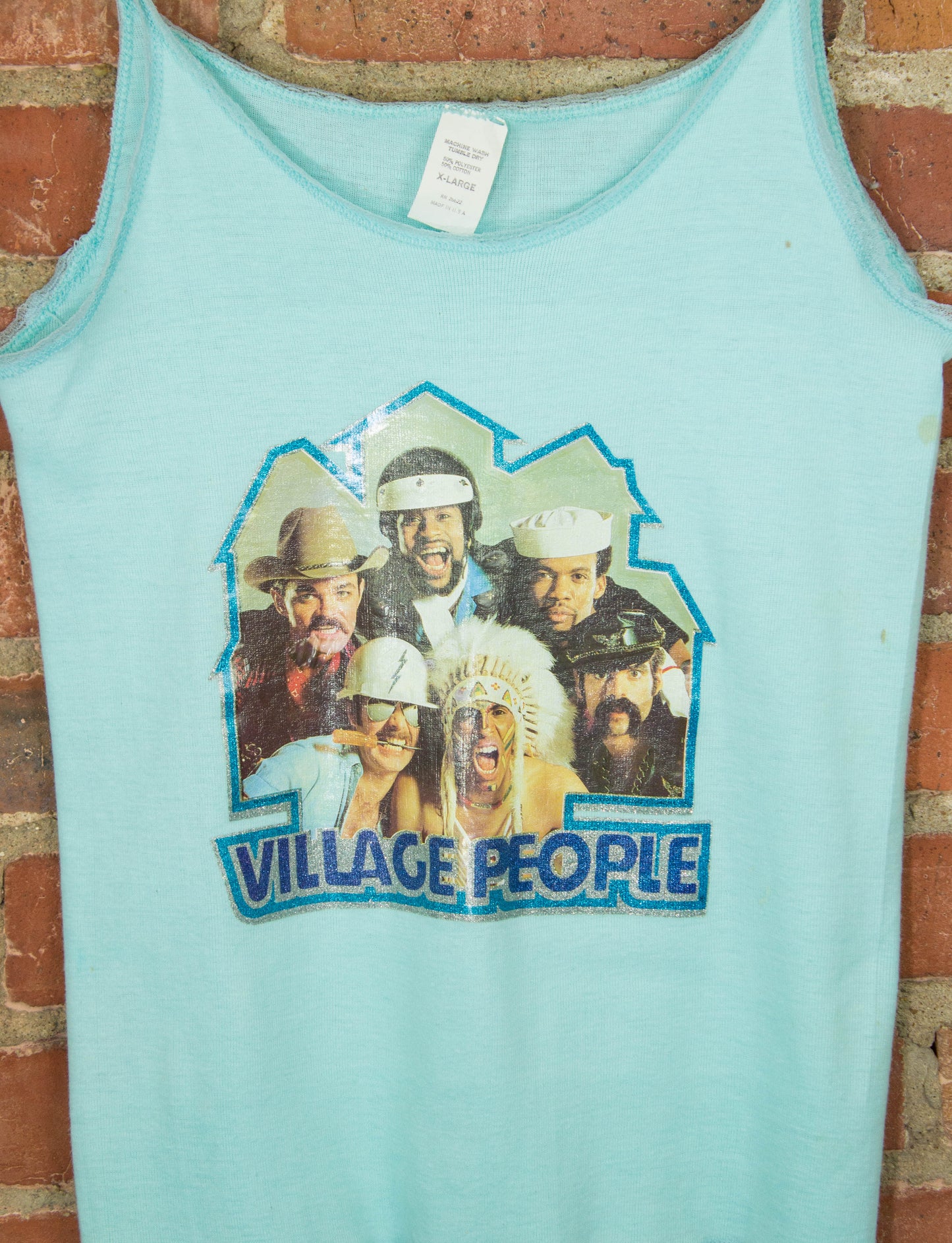 Vintage Village People Concert T Shirt 1978 Iron On Graphic Bright Blue Lace Tank Top Large