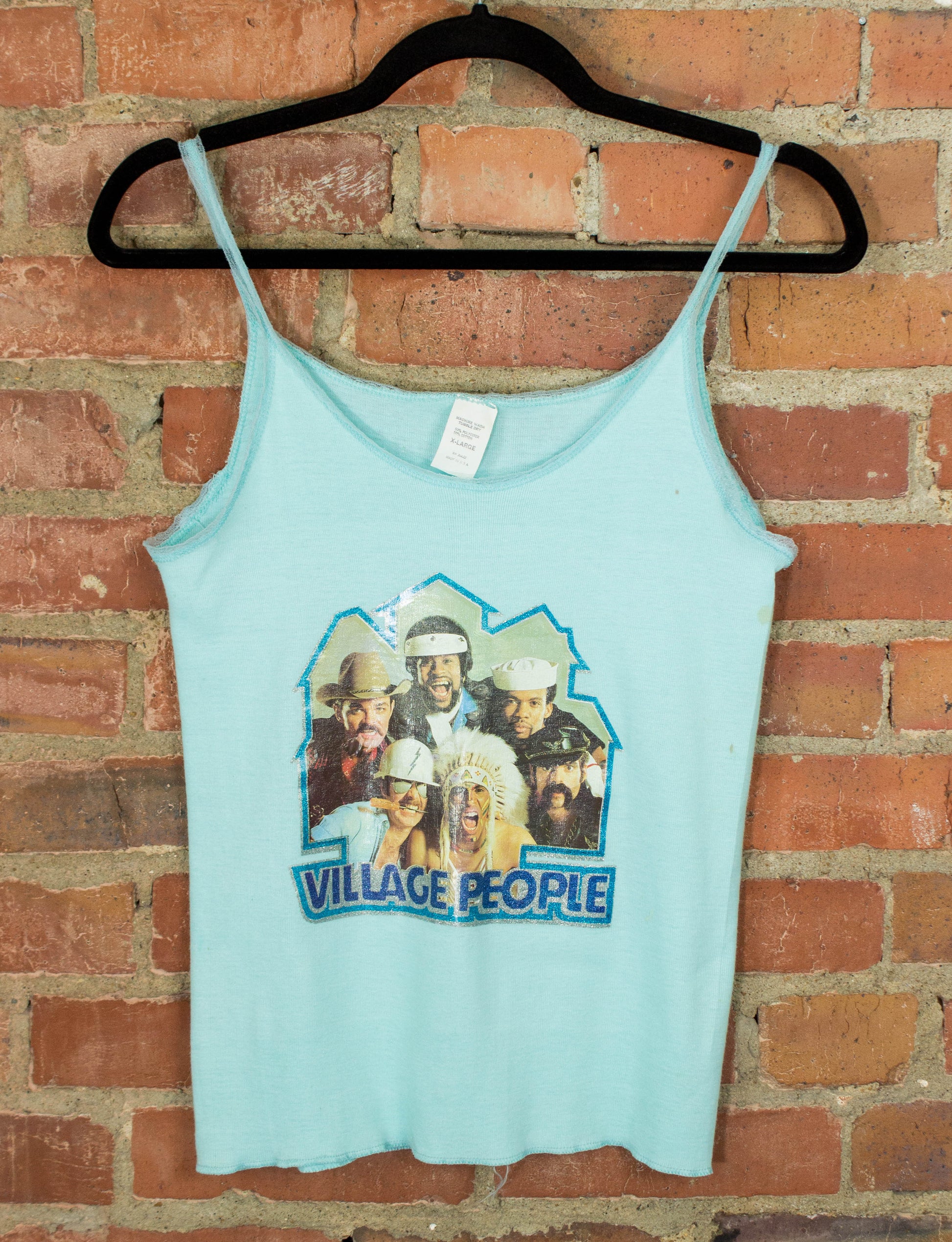 Vintage Village People Concert T Shirt 1978 Iron On Graphic Bright Blue Lace Tank Top Large