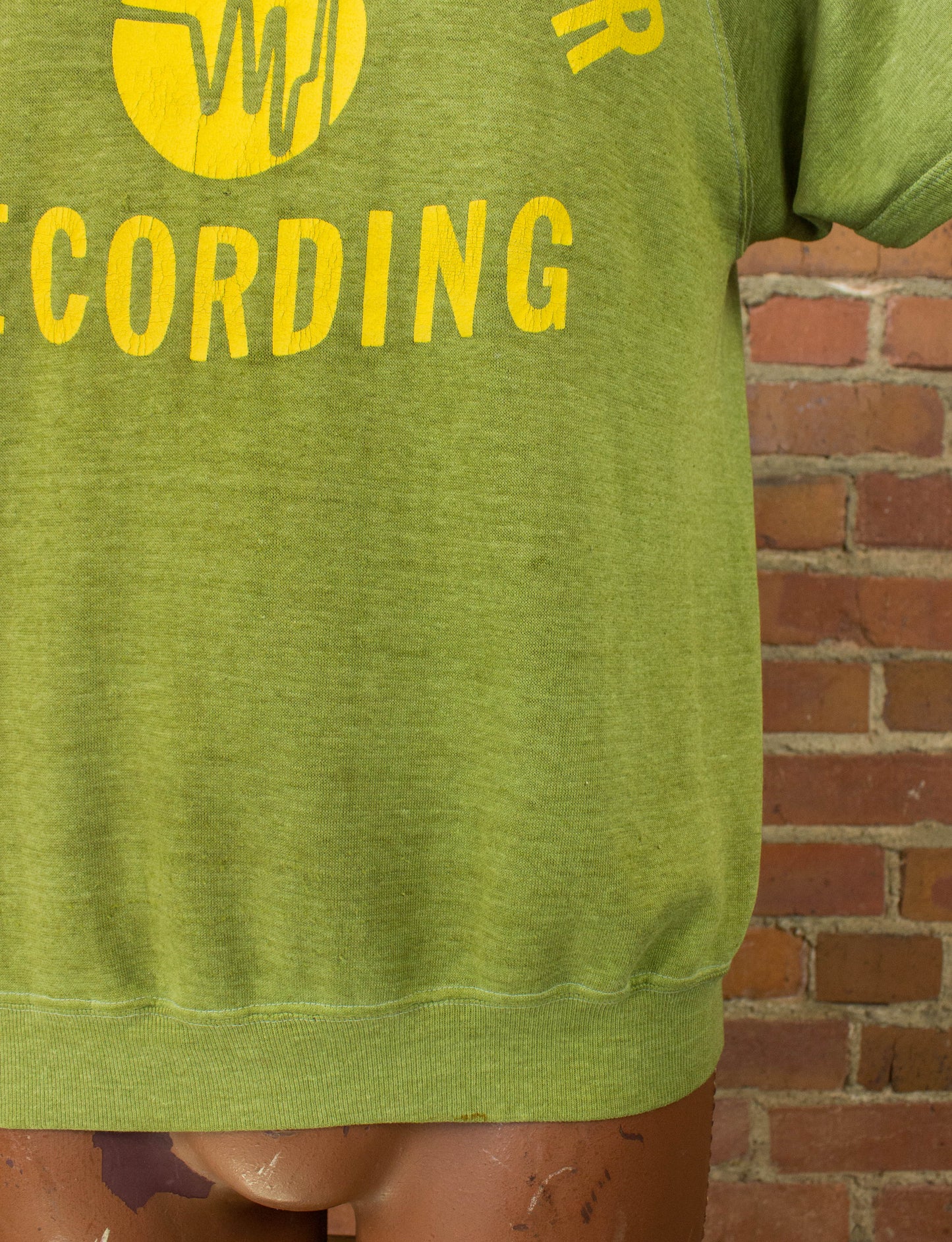 Vintage Wally Heider Recording Short Sleeve Sweatshirt 1969 Sage Green and Yellow Raglan Sleeve Medium-Large
