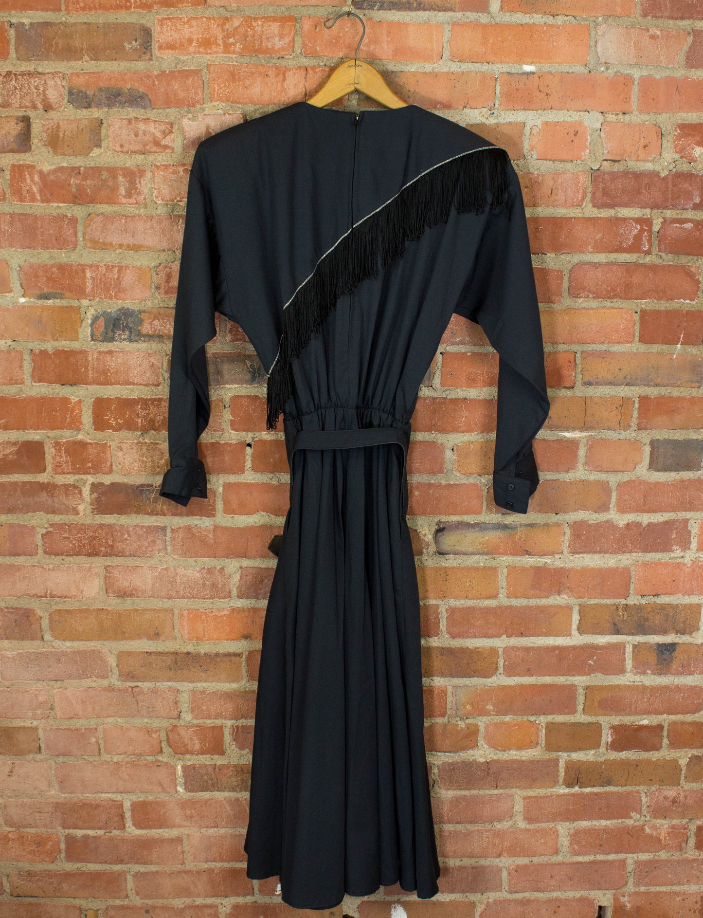 Vintage Western Collection Fringe and Sequins Belted Western Dress 80s Black and Silver Medium-Large