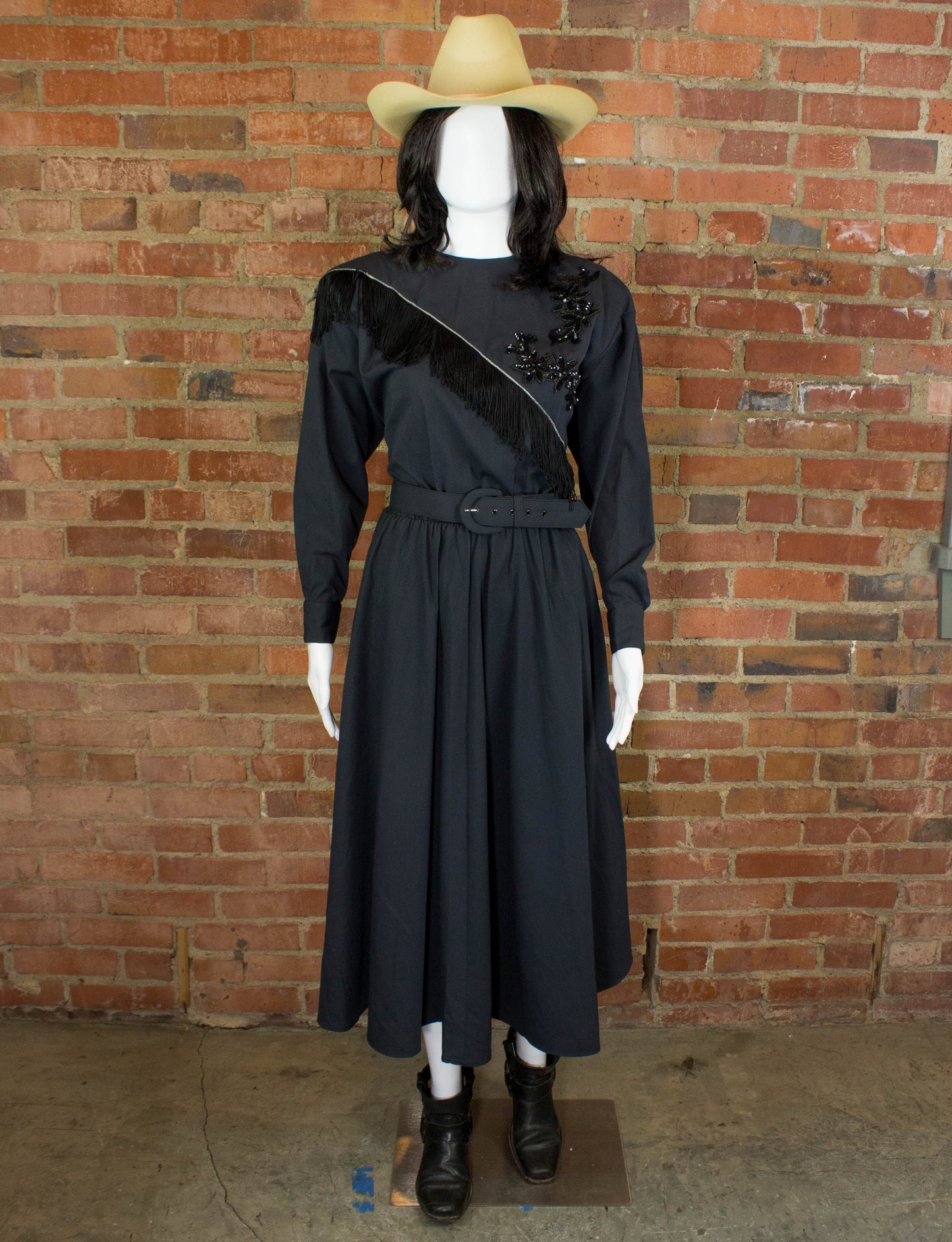 Vintage Western Collection Fringe and Sequins Belted Western Dress 80s Black and Silver Medium-Large