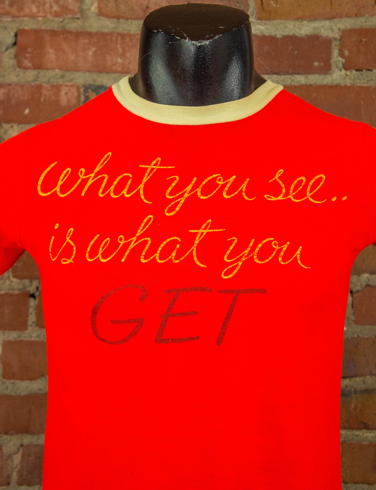 Vintage What You See Is What You Get Graphic Short Sleeve Sweatshirt 70s Red and Yellow Small