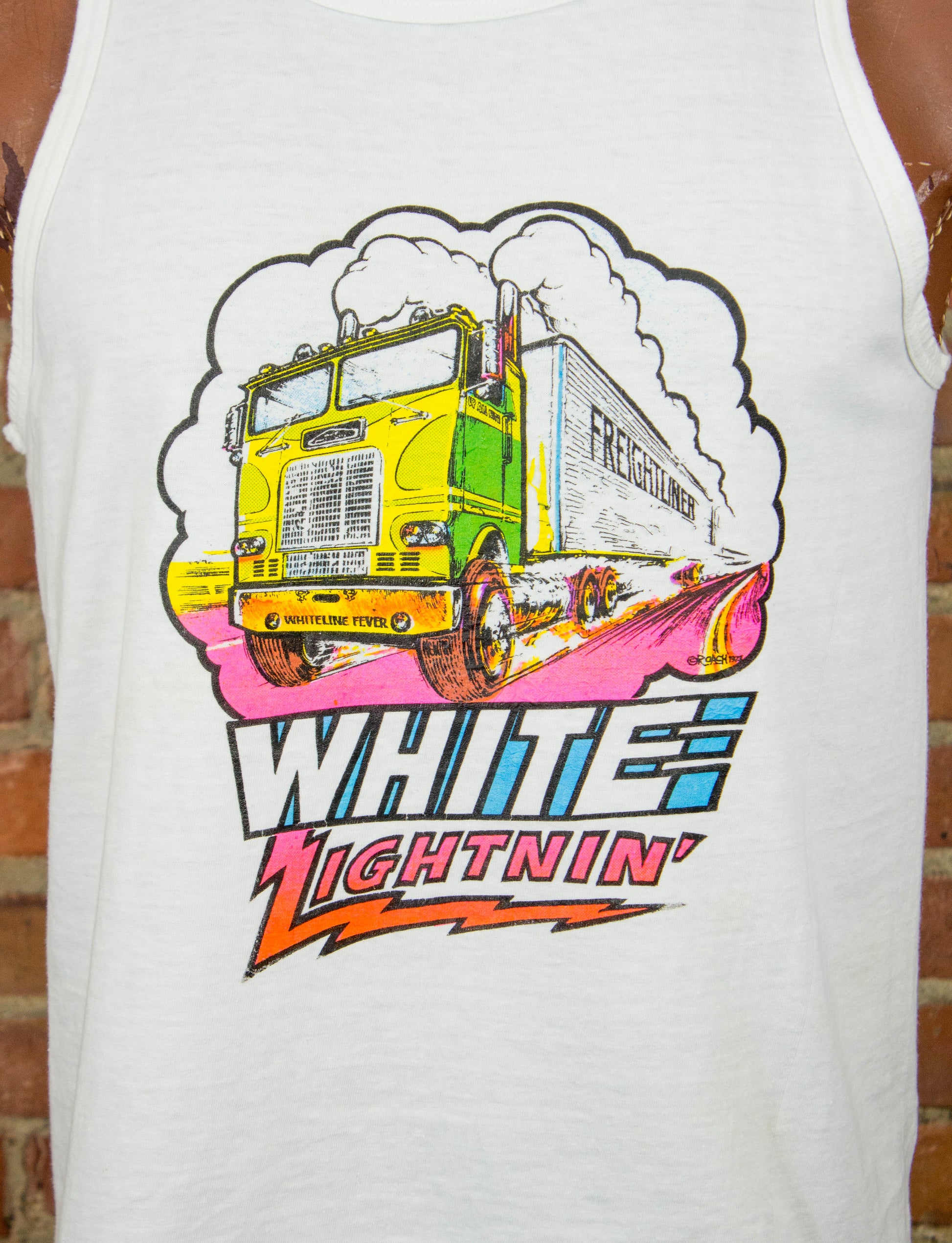 Vintage White Lightning Freightliner Iron On Graphic Tank Top 80s White Neon Multicolor Medium-Large