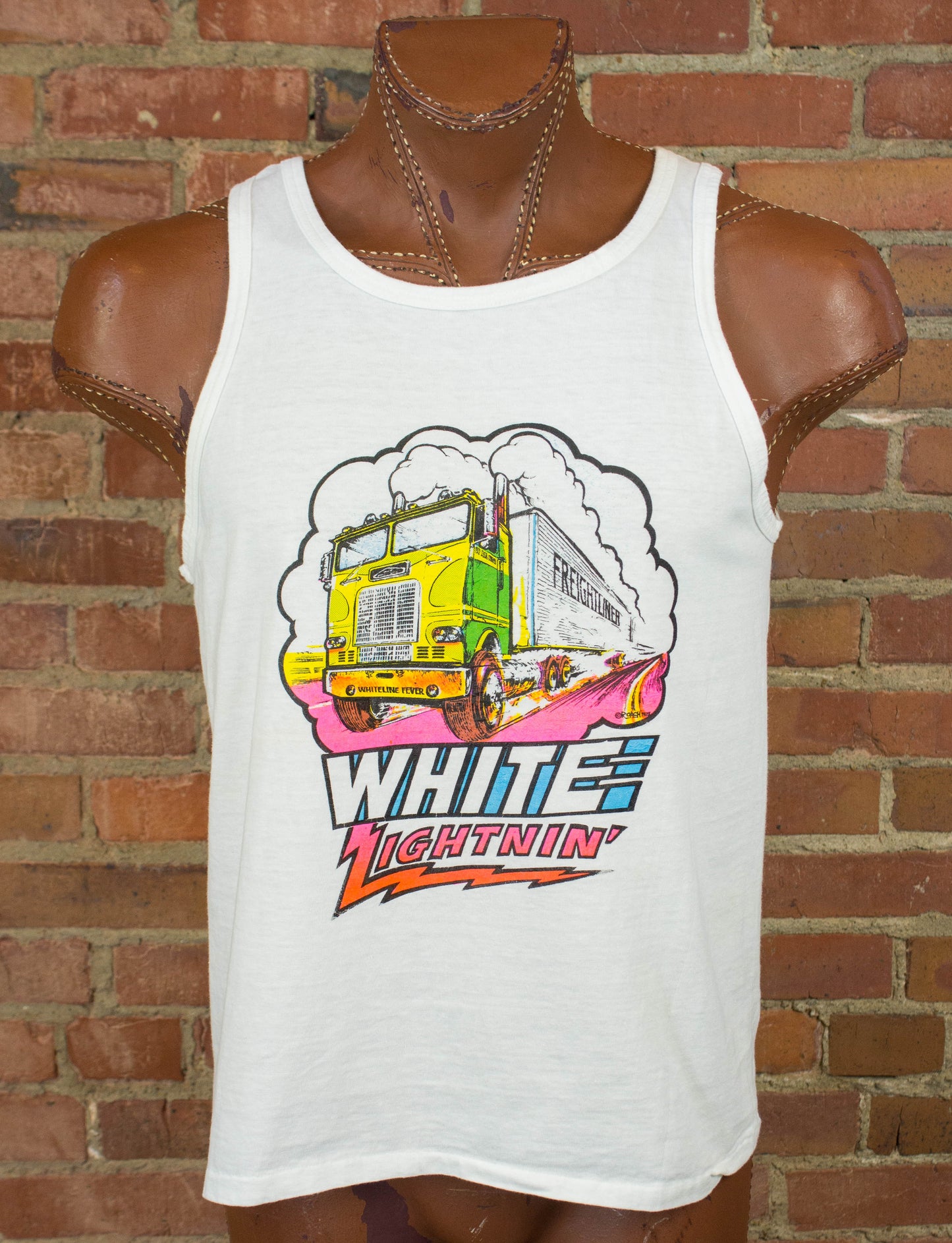 Vintage White Lightning Freightliner Iron On Graphic Tank Top 80s White Neon Multicolor Medium-Large