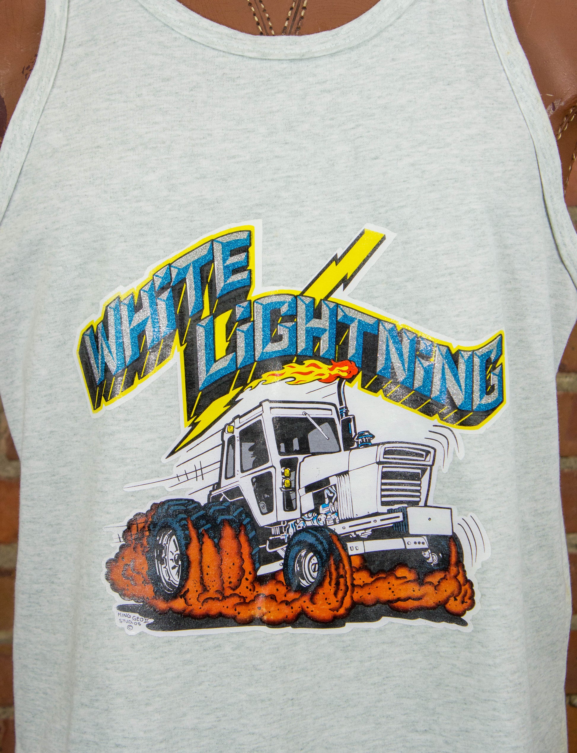 Vintage White Lightning Tractor Iron On Graphic Tank Top Grey Glitter Print XXL