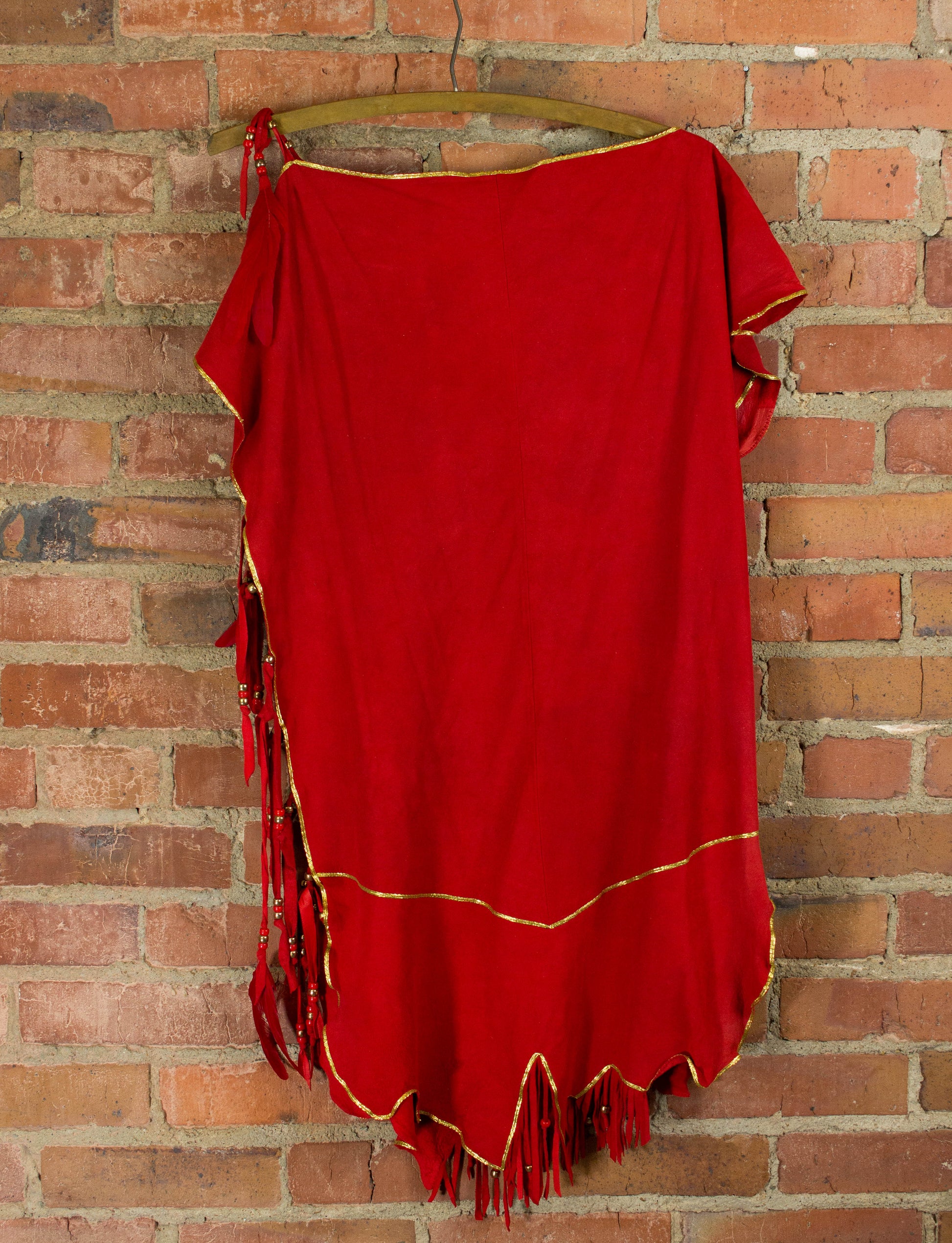 Vintage Women's Red Buckskin Suede Feather and Beaded Dress Free Size