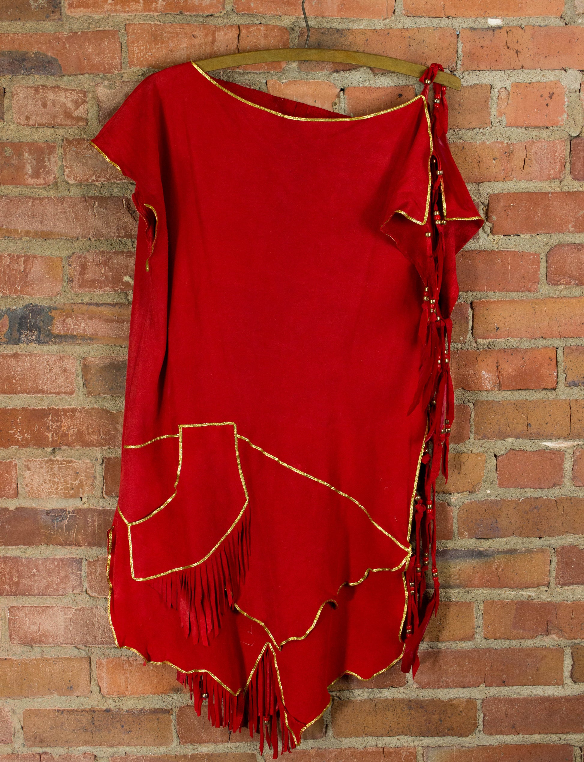 Vintage Women's Red Buckskin Suede Feather and Beaded Dress Free Size