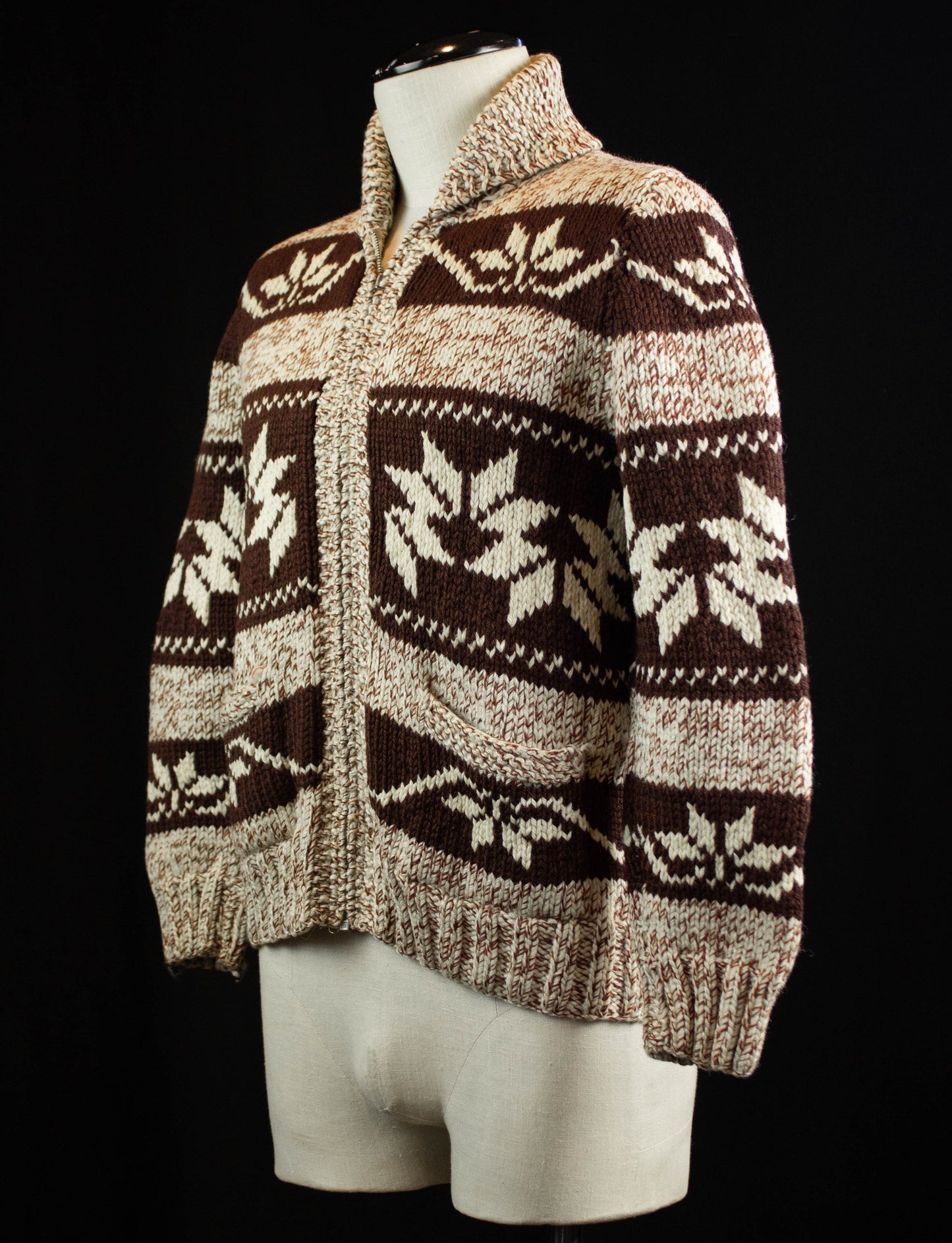 Vintage Wool Cowichan Knit Sweater 50s Maroon and White Lightning Zipper Small
