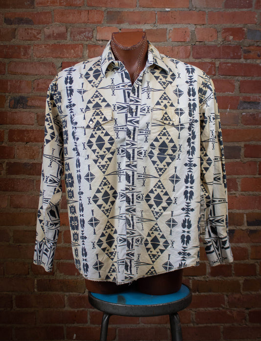Vintage Wrangler Aztec Pattern Pearl Snap Button Up Western Shirt White and Blue XL