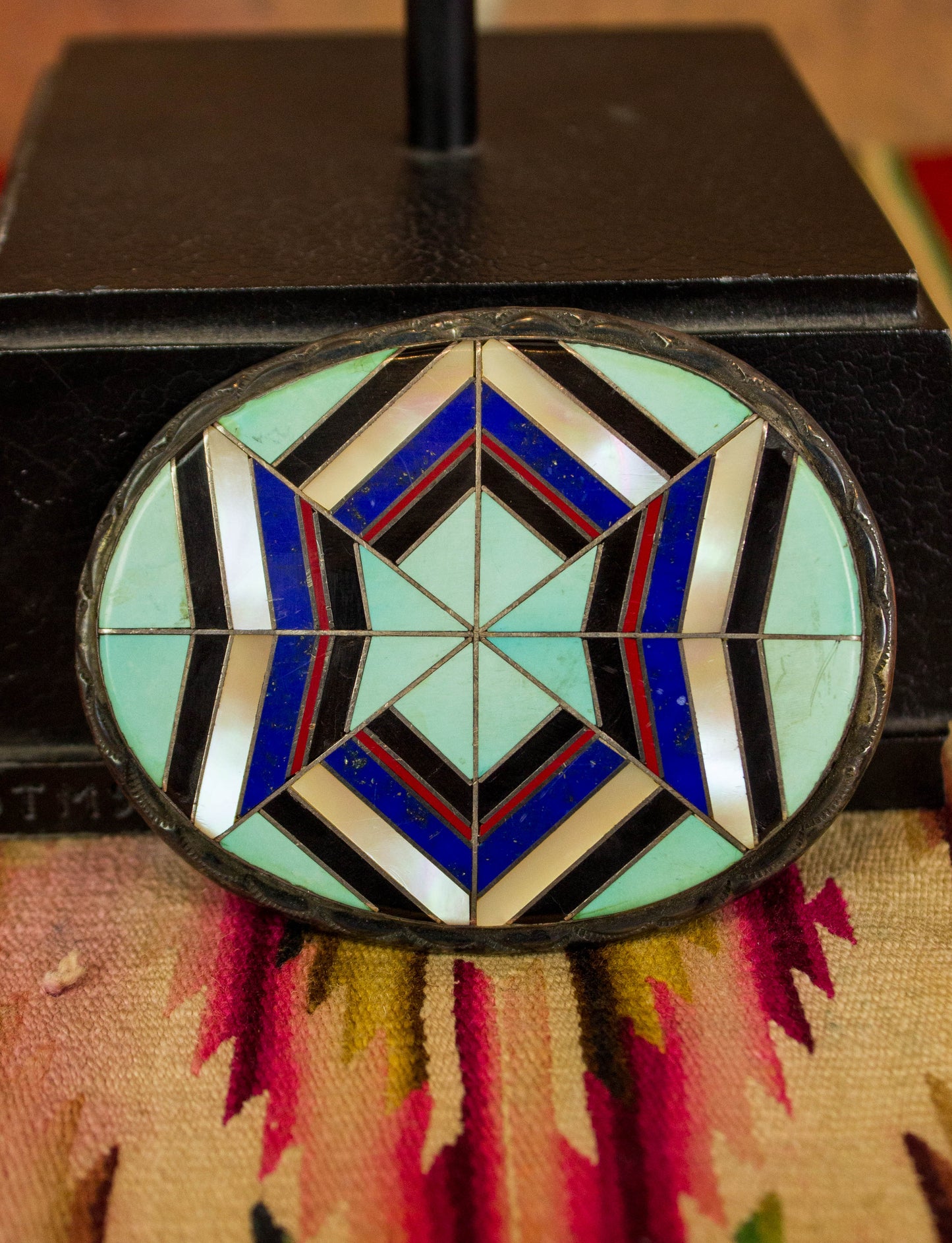 Vintage Zuni Inlay Sterling Silver Turquoise and Mother of Pearl Multicolor Oval Belt Buckle