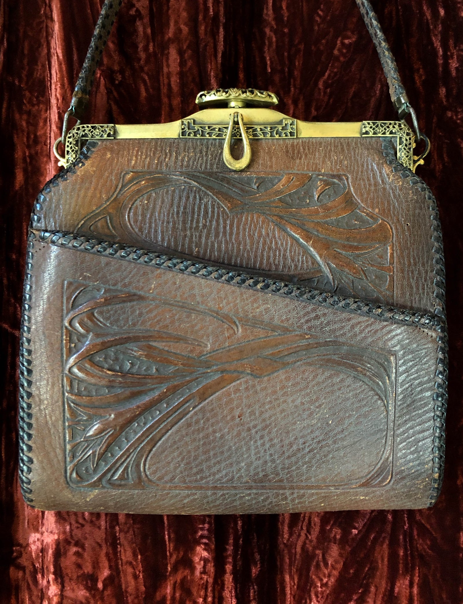 Vintage 30's Brown Tooled Leather Hand Bag