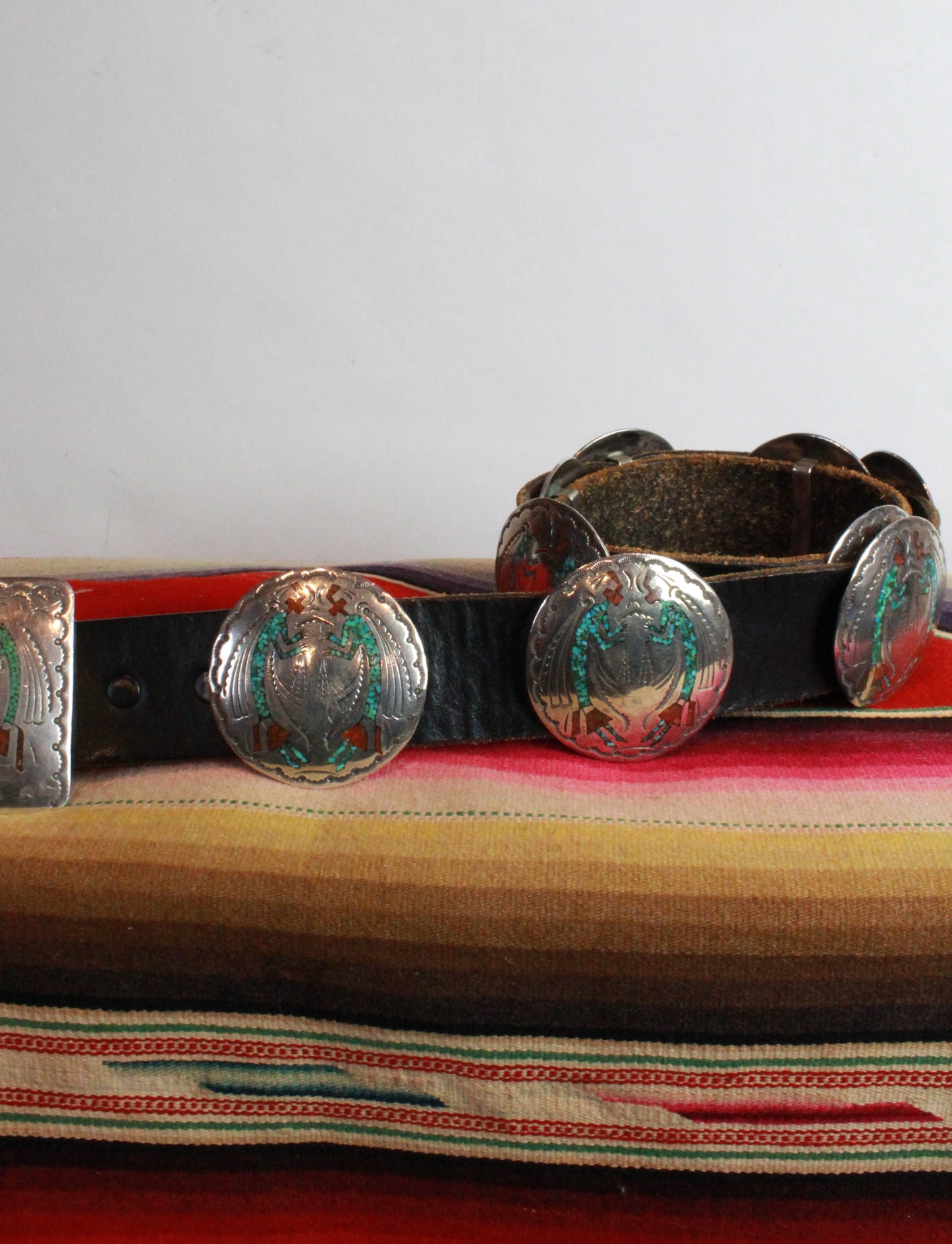Vintage 70's Navajo Concho Belt Handstamped Sterling Silver, Turquoise, And Coral 
