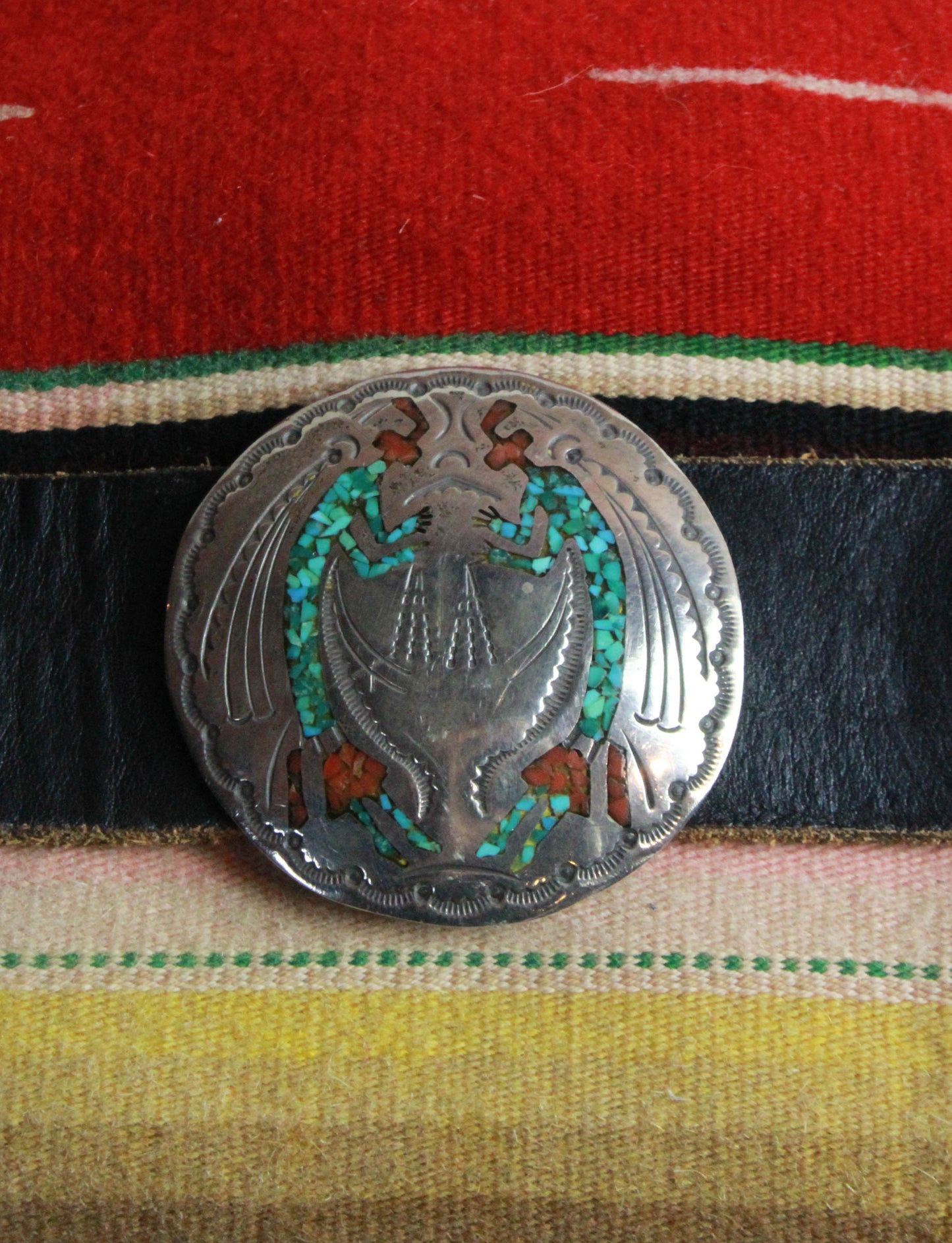 Vintage 70's Navajo Concho Belt Handstamped Sterling Silver, Turquoise, And Coral 