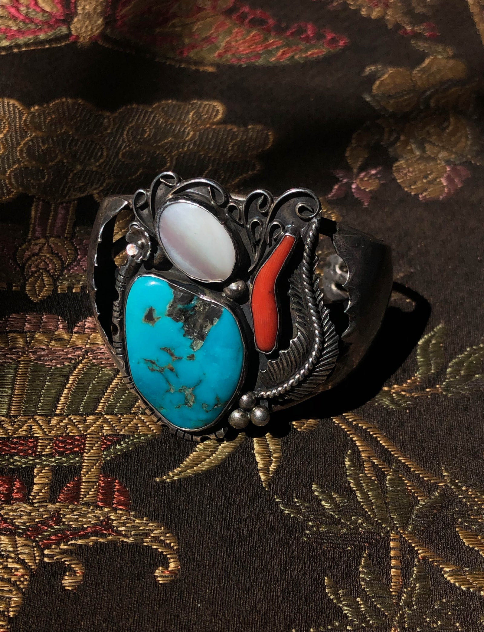 Vintage Sterling Silver Cuff Bracelet With Turquoise, Red Jasper, Mother Of Pearl