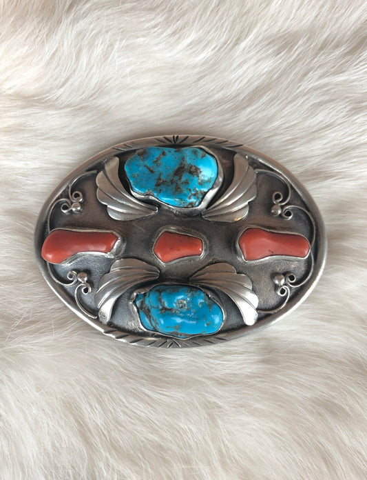 Vintage Sterling Silver Turquoise Red Coral Belt Buckle