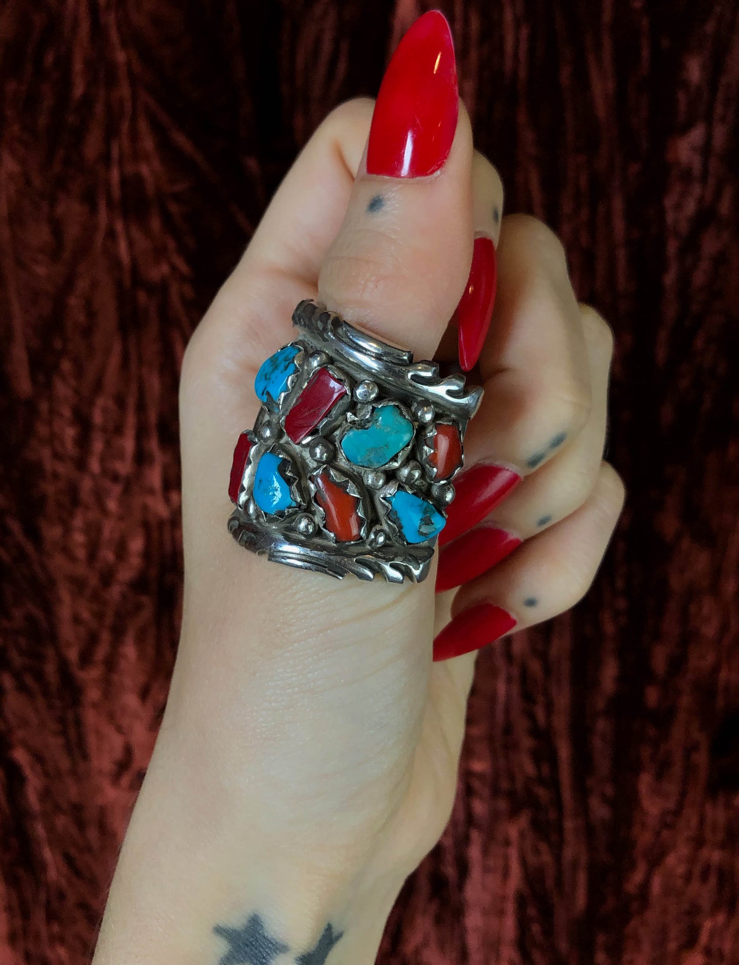 Vintage Sterling Silver Turquoise Red Coral Large Ring - Size 11