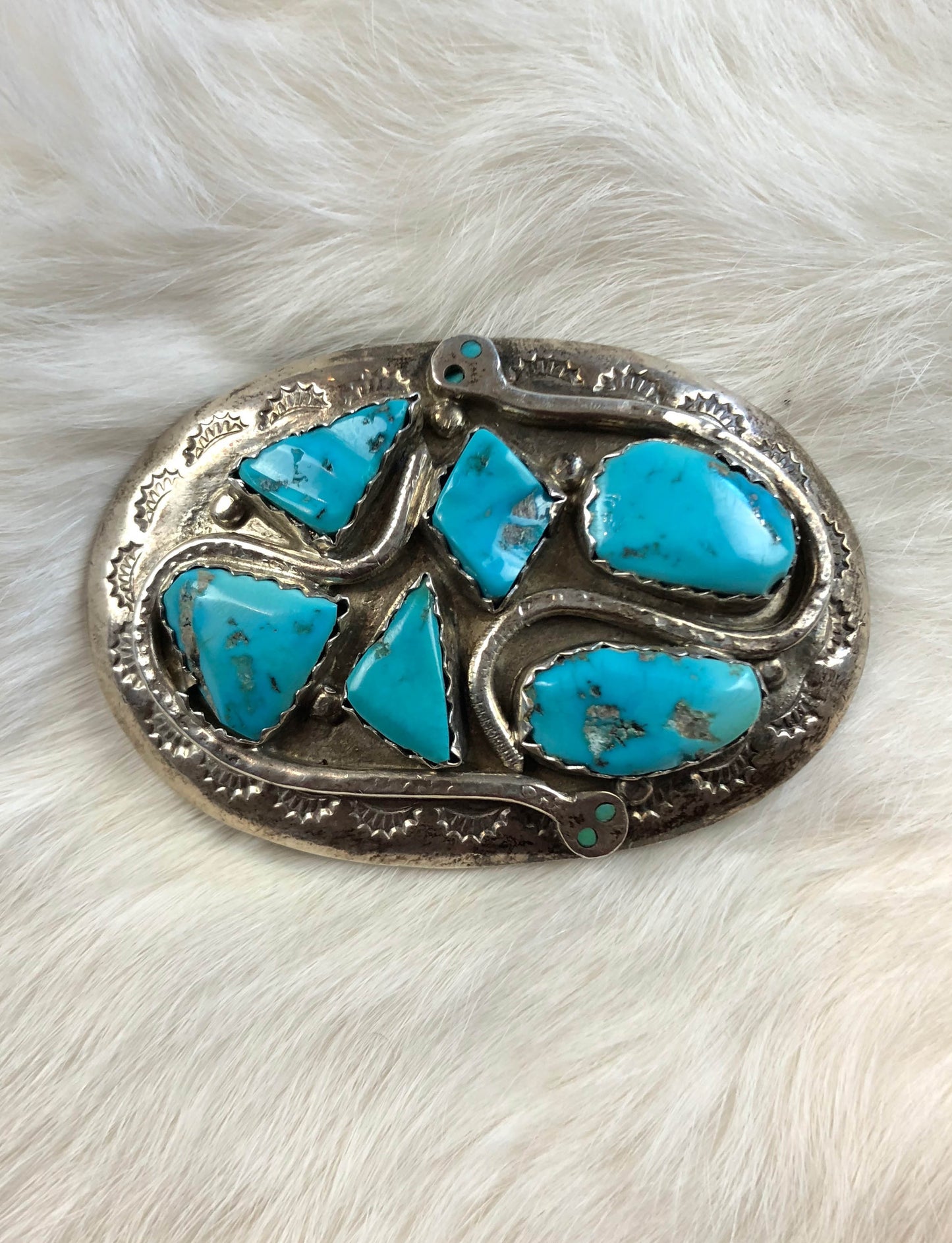 Vintage Effie Calavaza Zuni Sterling Silver Turquoise Snake Belt Buckle