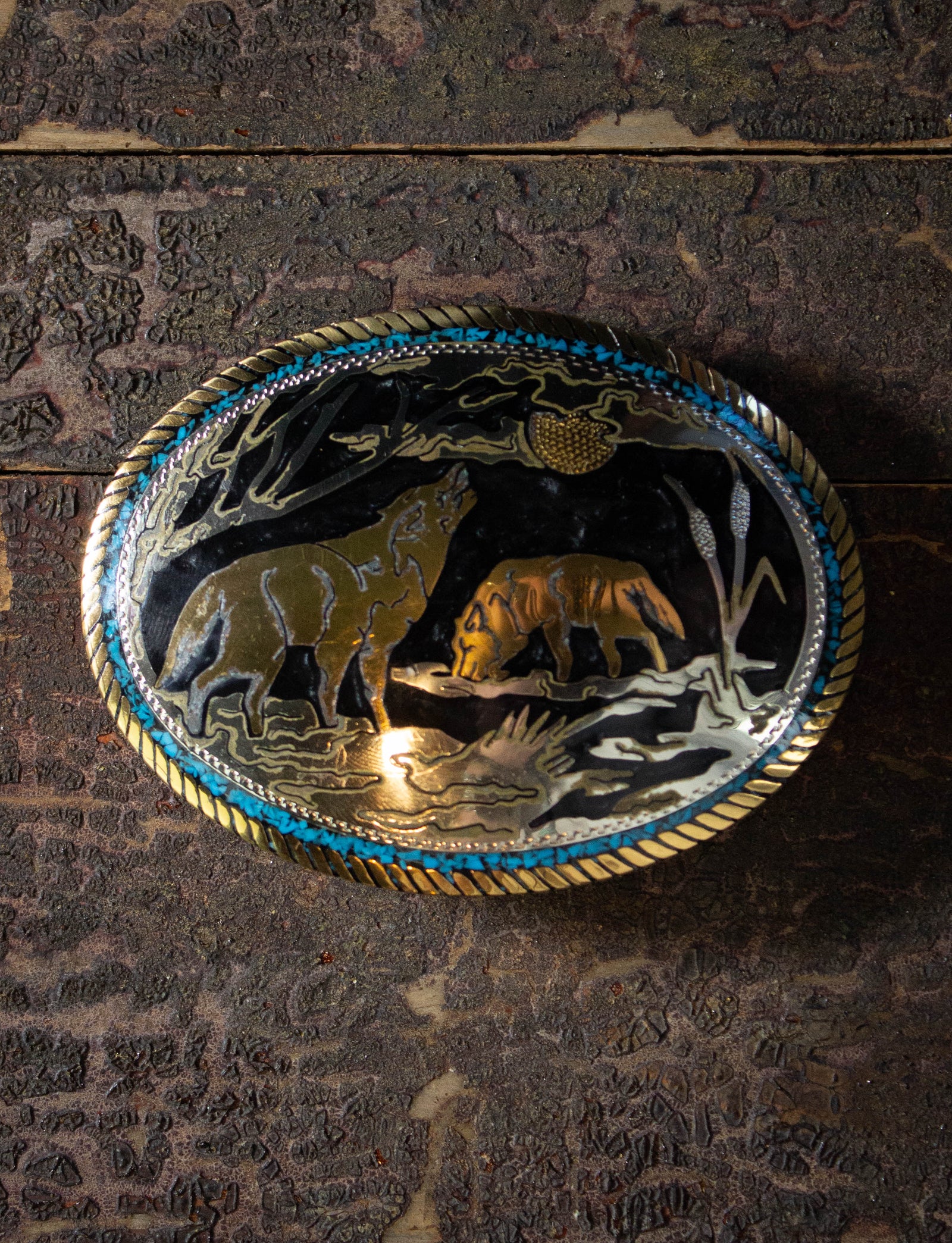 Vintage Wolf Enamel, Turquoise, and Gold Plated Belt Buckle 