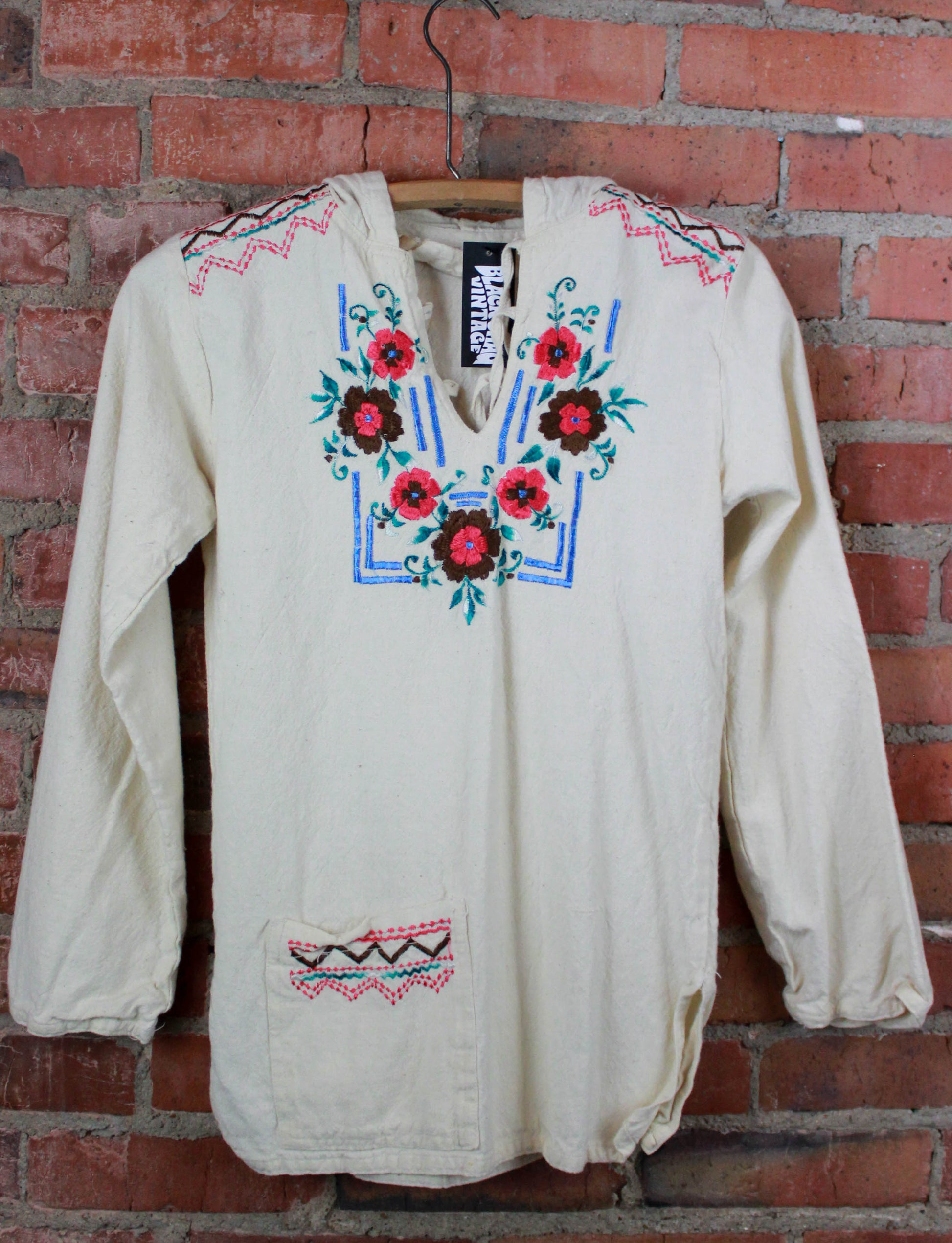 Women's Vintage 60's Nicaraguan Baja Embroidered Hooded Pullover Hand Crafted Loop Collar Extra Small