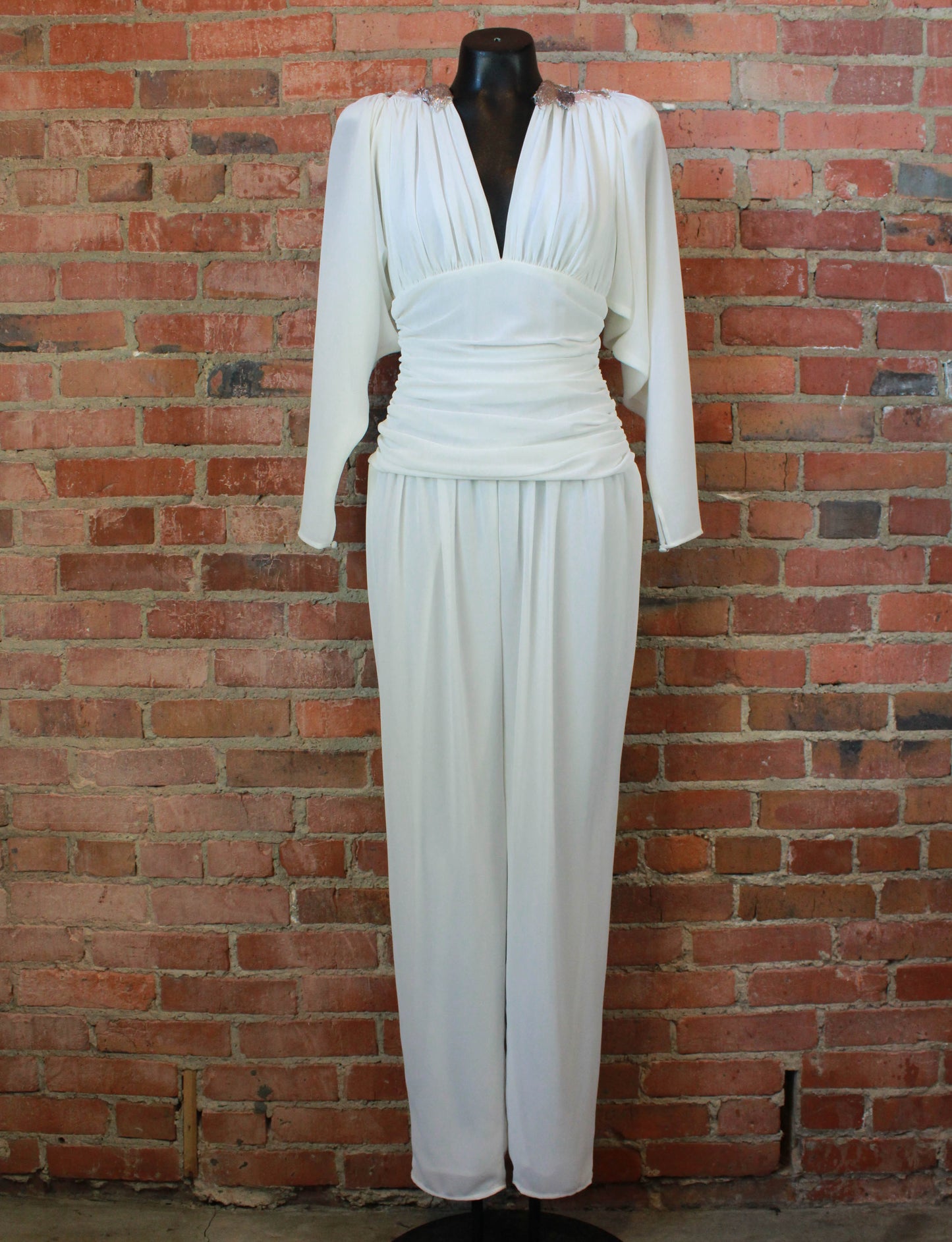 Women's Vintage 80's Elatra Jumpsuit Polyester Beaded Collar White Small/Medium