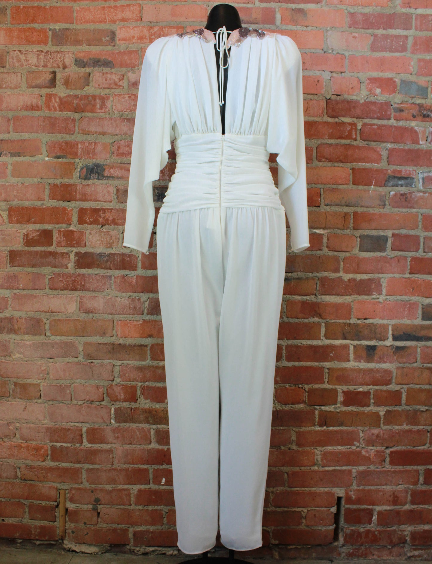 Women's Vintage 80's Elatra Jumpsuit Polyester Beaded Collar White Small/Medium