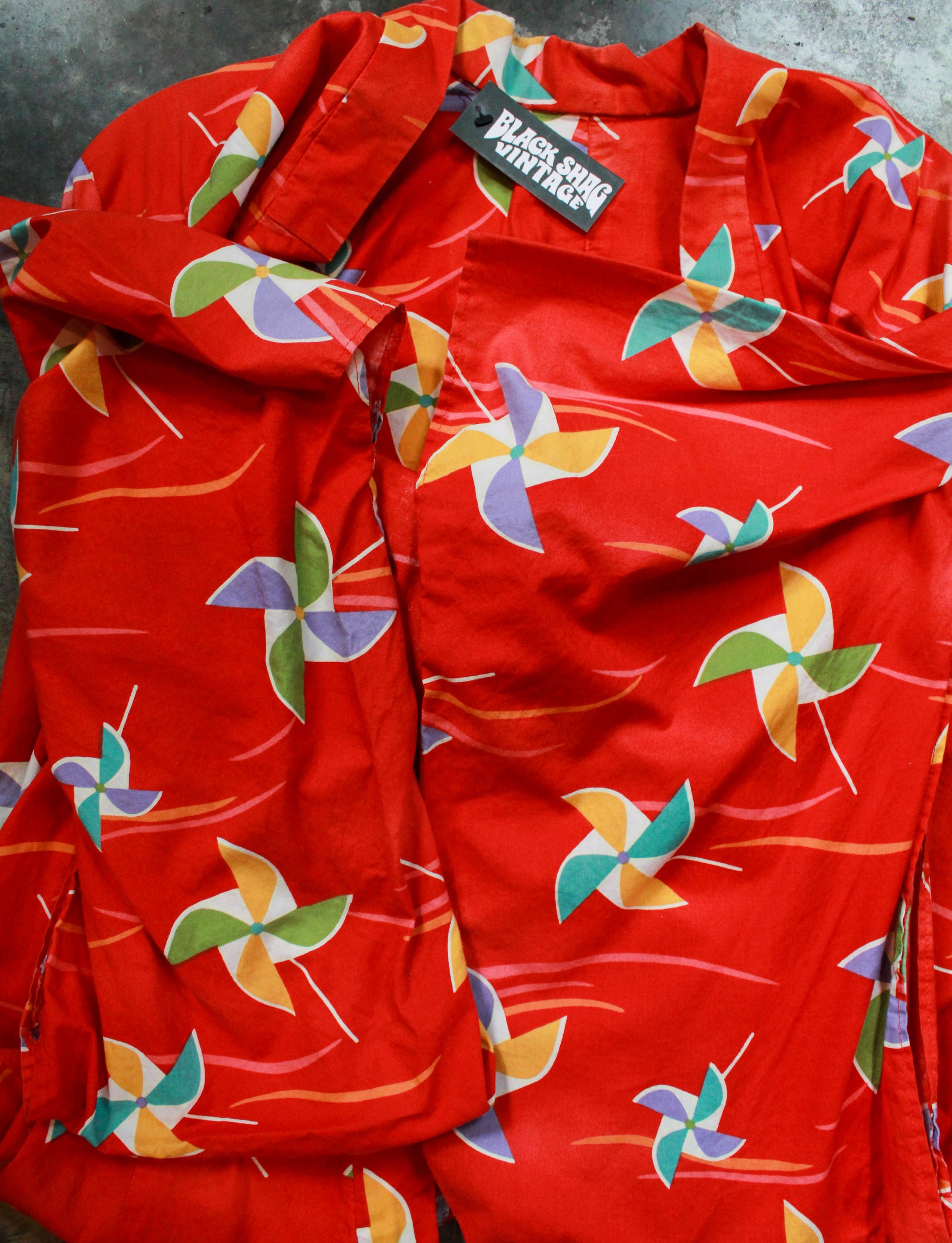 Women's Vintage 70's Kimono Robe Red Geometric Flare Sleeves Medium 