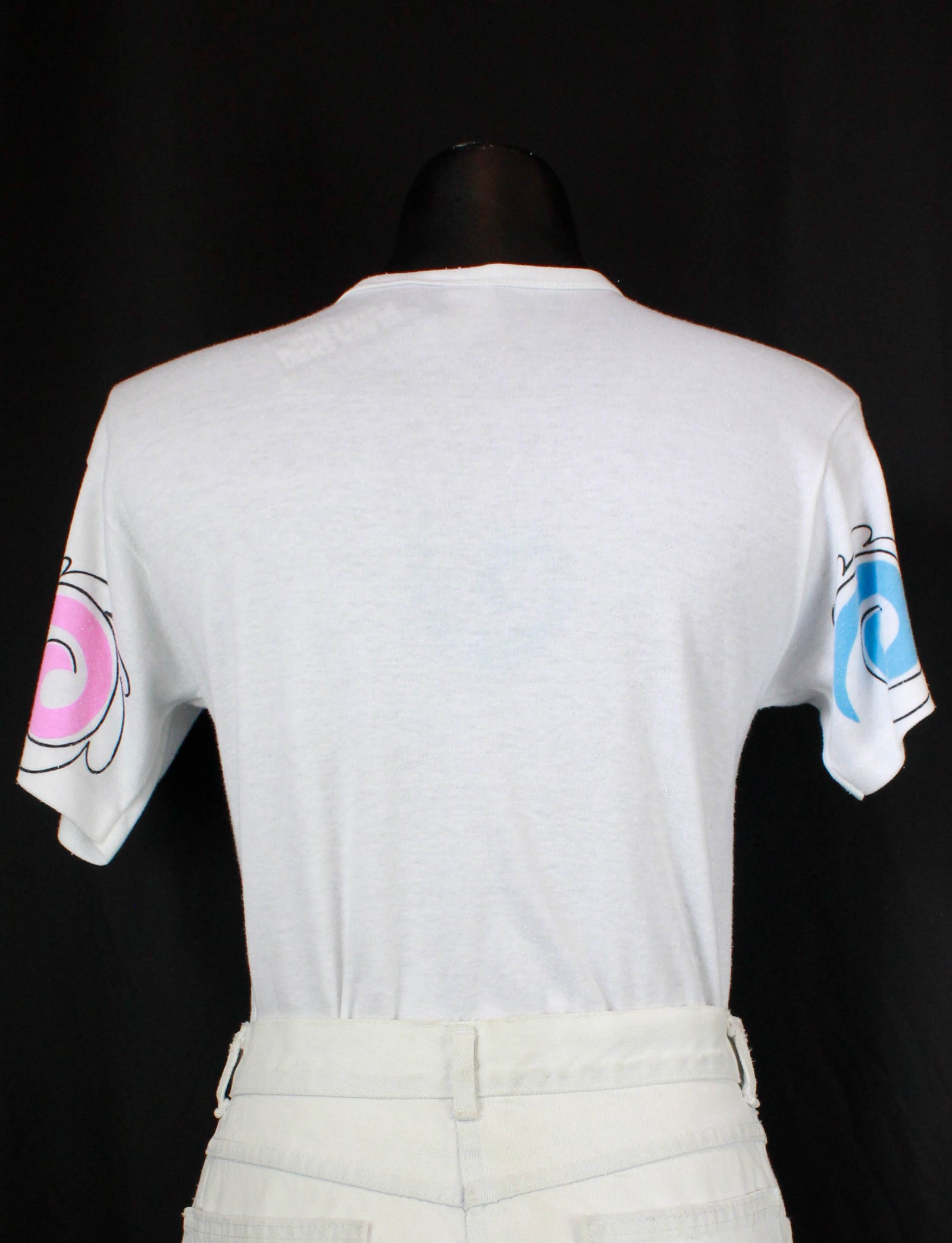 Women's Vintage 80's Swirl Graphic T Shirt White Rainbow Single Stitch Short Sleeve Small