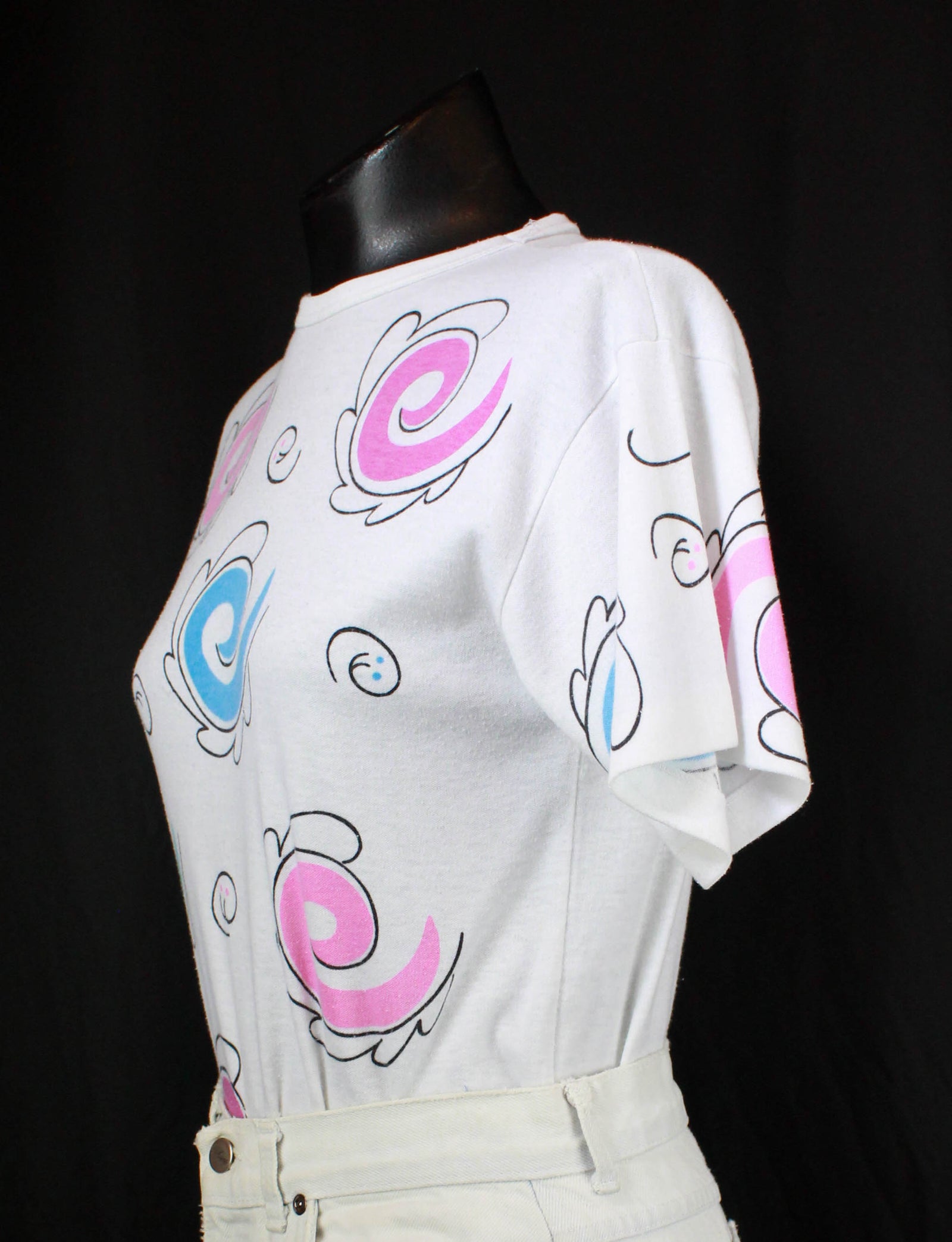 Women's Vintage 80's Swirl Graphic T Shirt White Rainbow Single Stitch Short Sleeve Small
