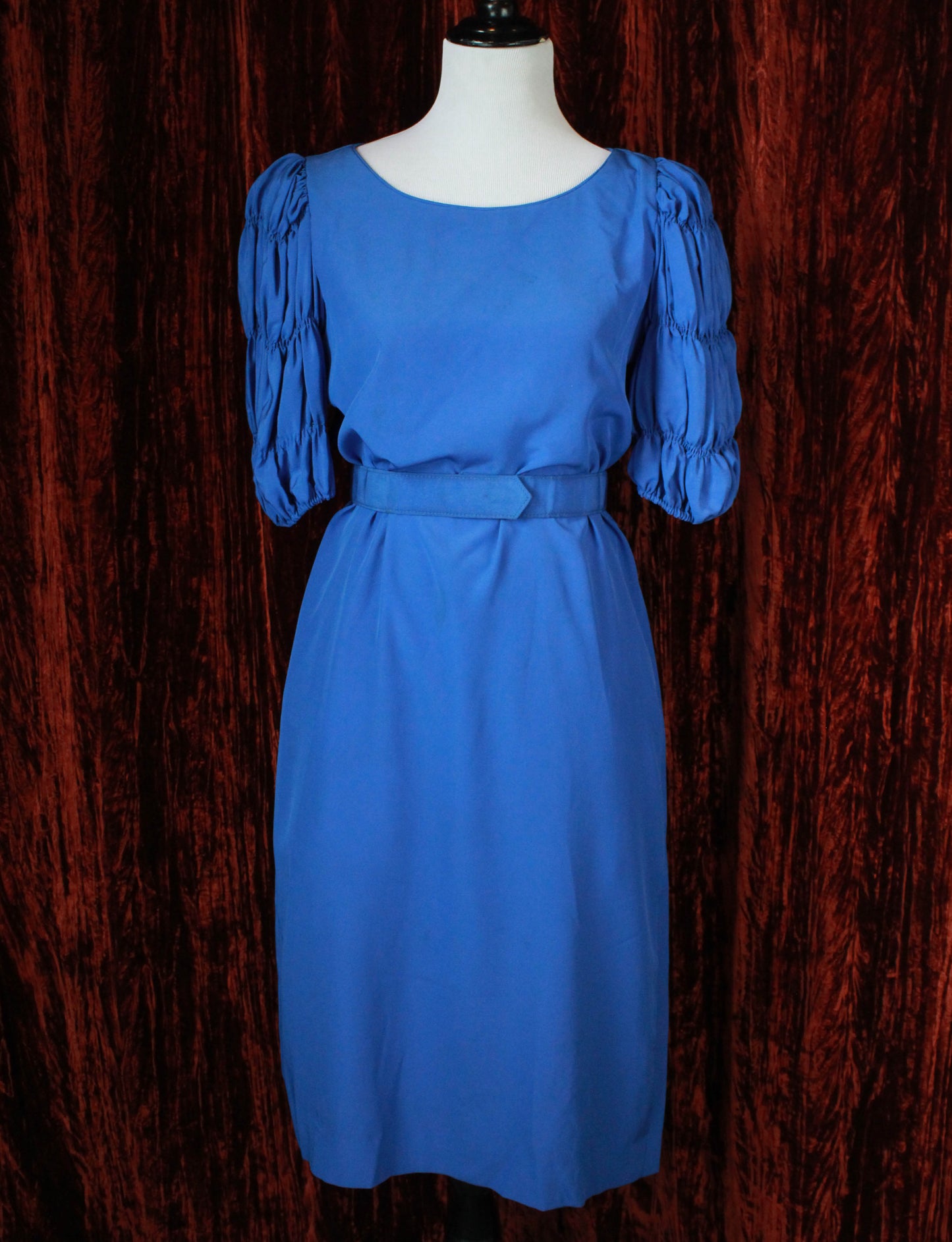 Women's Vintage Blue Belted Midi Dress With Smocked Sleeves - Small