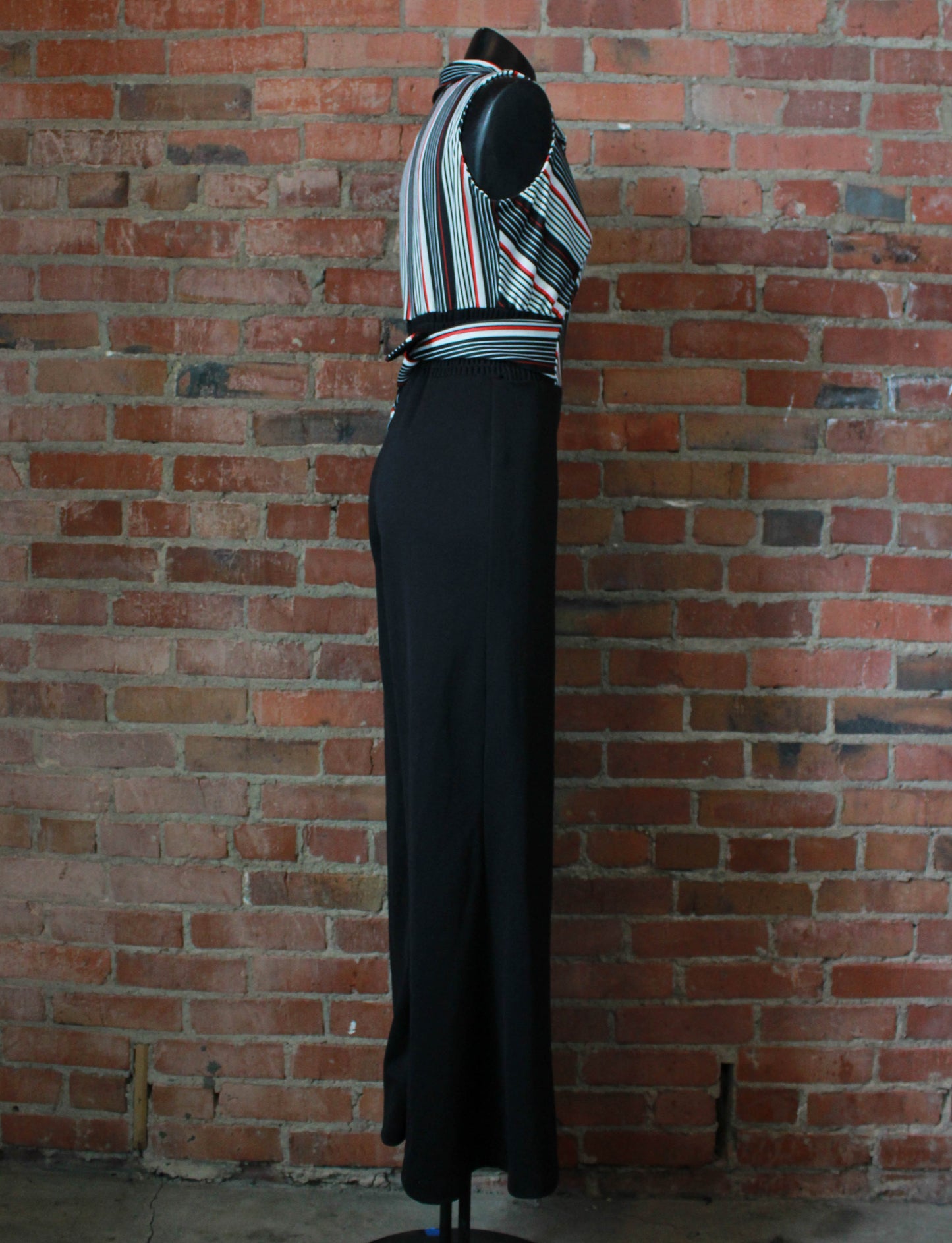 Women's Vintage 70's Jumpsuit Polyester Wide Leg Deep Cut Belt Red White Black Striped Small/Medium