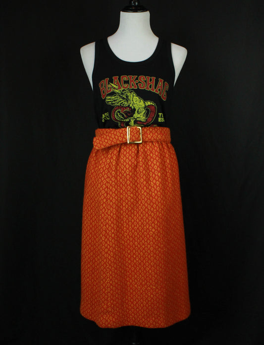 Women's Vintage 60's Orange Wool Belted Midi Skirt - Small