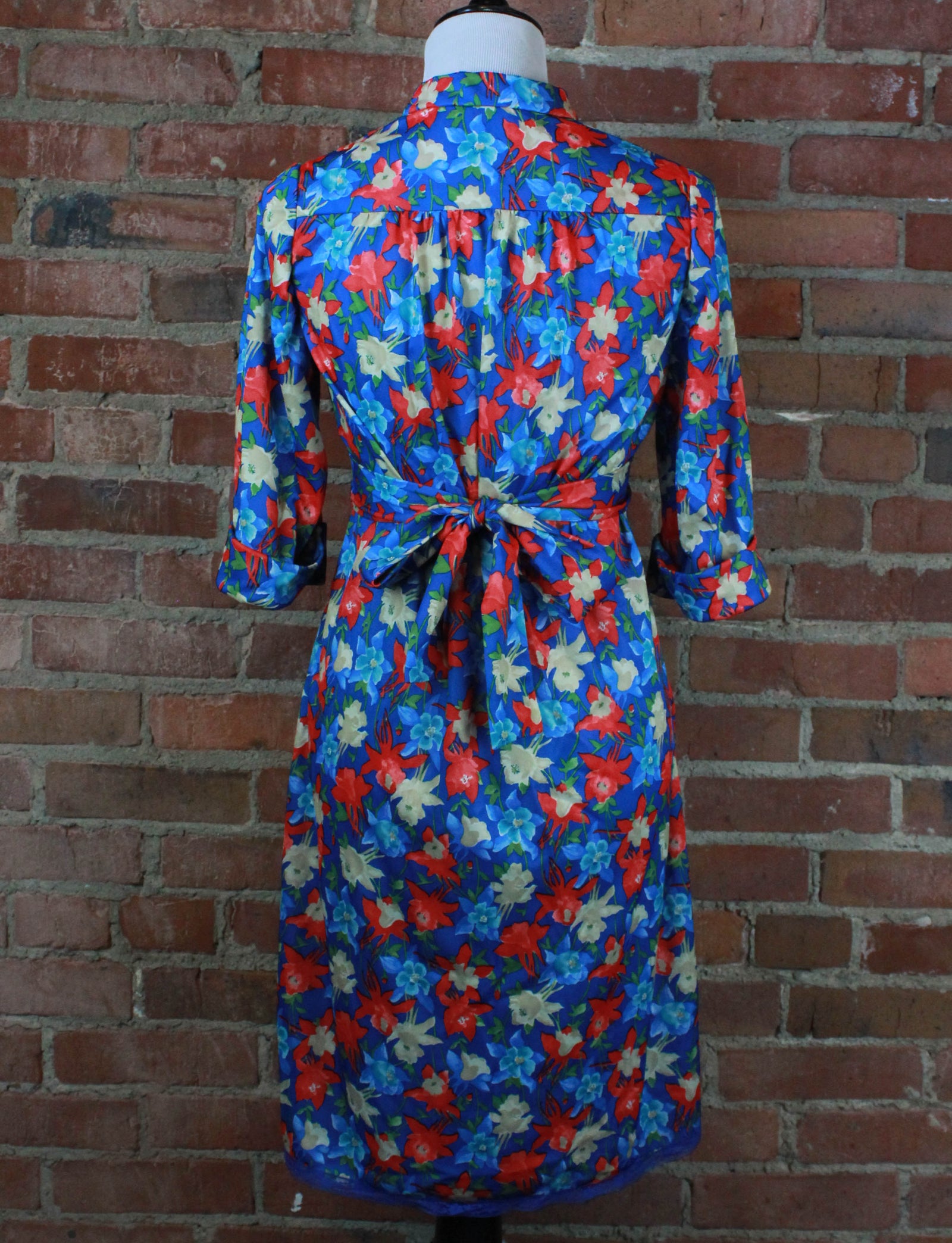Women's Vintage 70's Blue Floral Dress - Medium