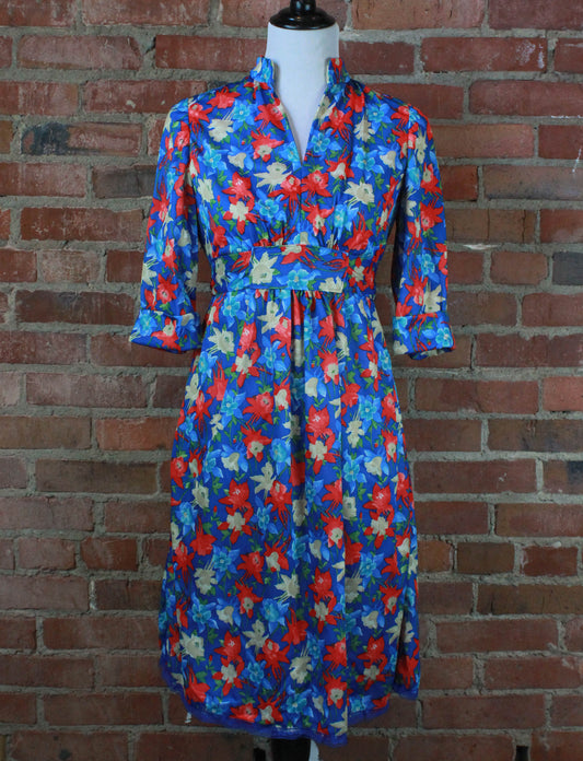 Women's Vintage 70's Blue Floral Dress - Medium
