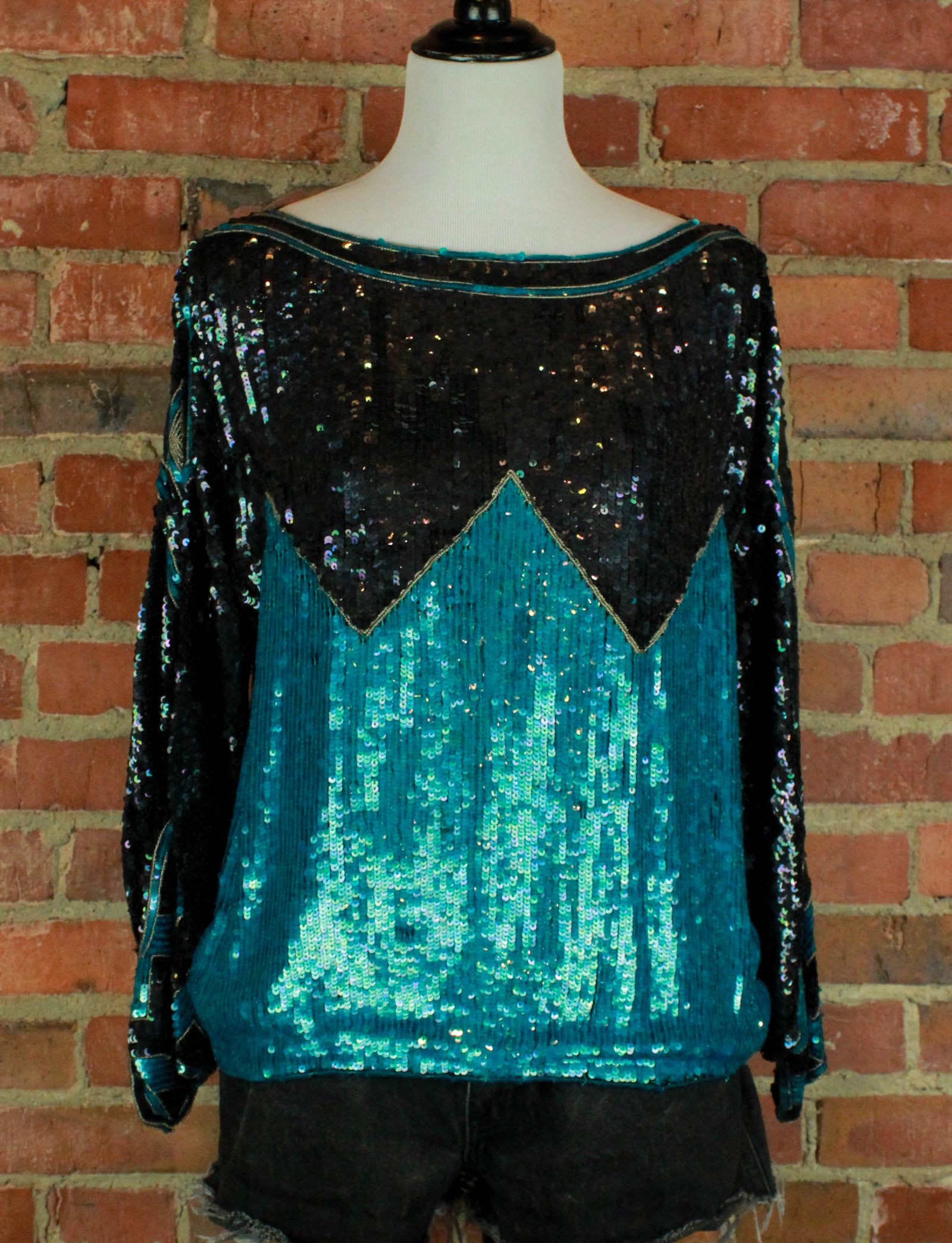 Women's Vintage Black And Teal Sequined Silk Blouse - Small